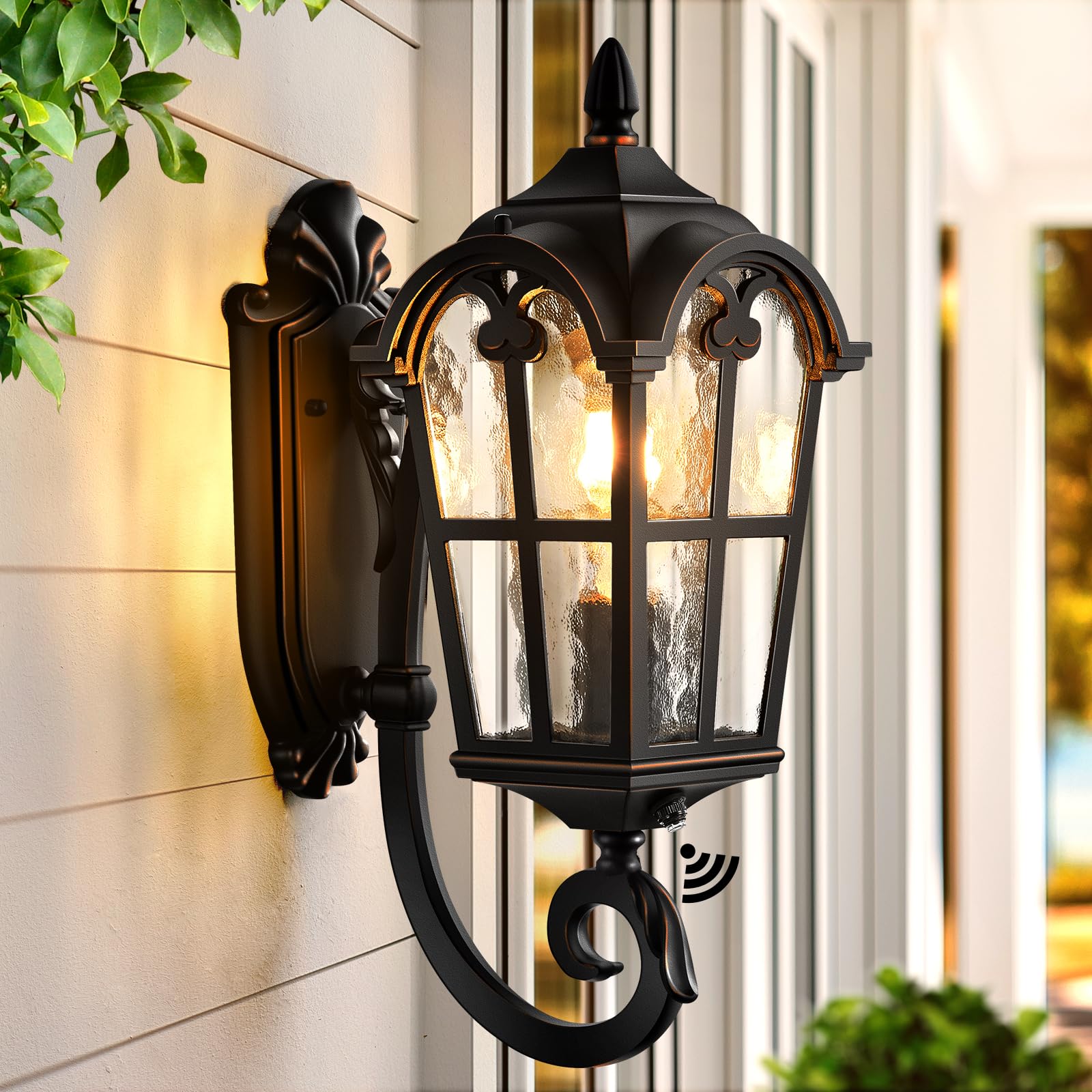 Vianis Outdoor Lights For Porch  Black Dusk To Dawn Outside Lighting With Gold Trim  Porch Lights Outdoor With Tempered Water Ripple Glass For Garden  Patio  Entryway  Waterproof Anti-Rust