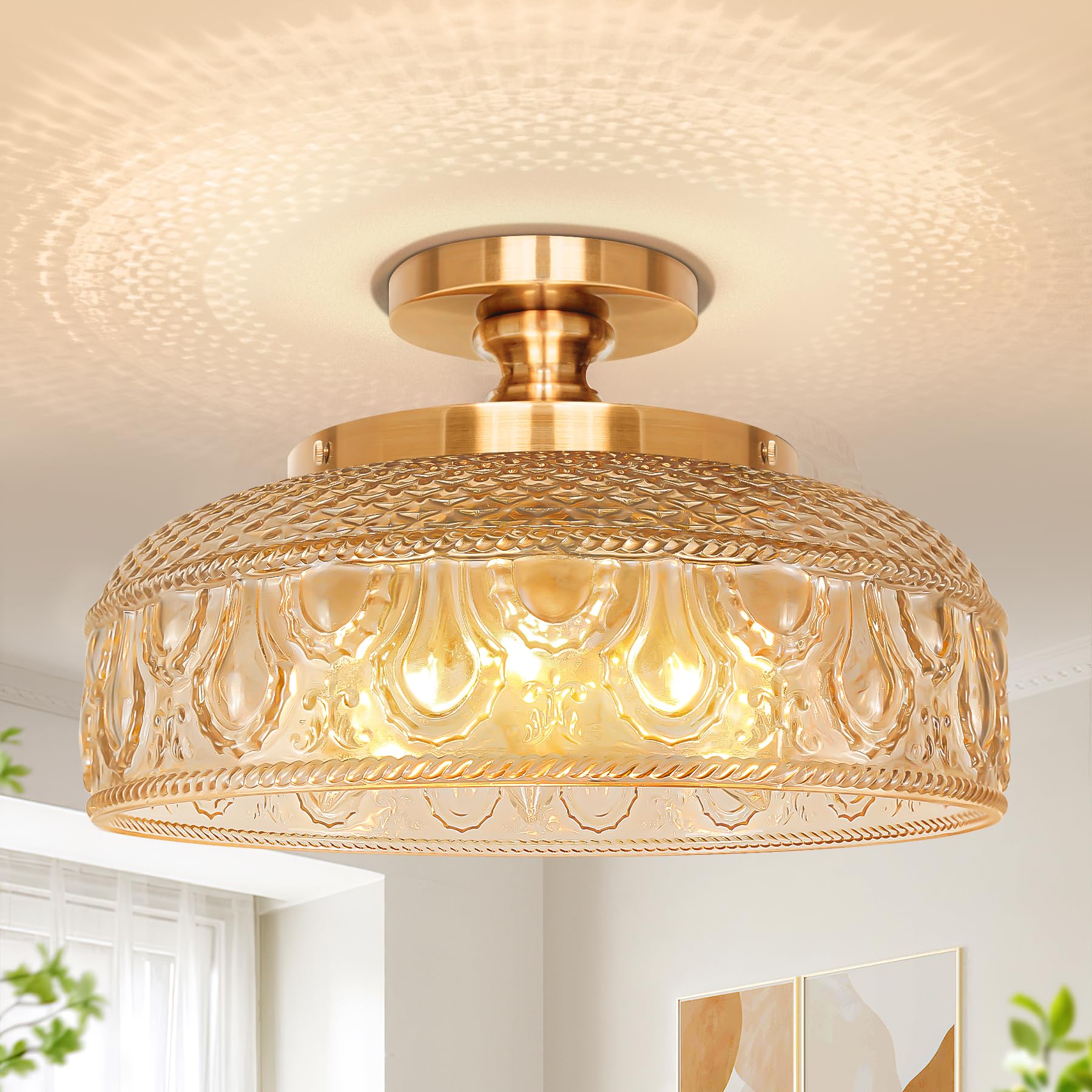 Lamomo Semi Flush Mount Ceiling Light, Upgraded Larger Hallway Light Fixture, 3-Bulb Globe Glass Close to Ceiling Scone, Amber I