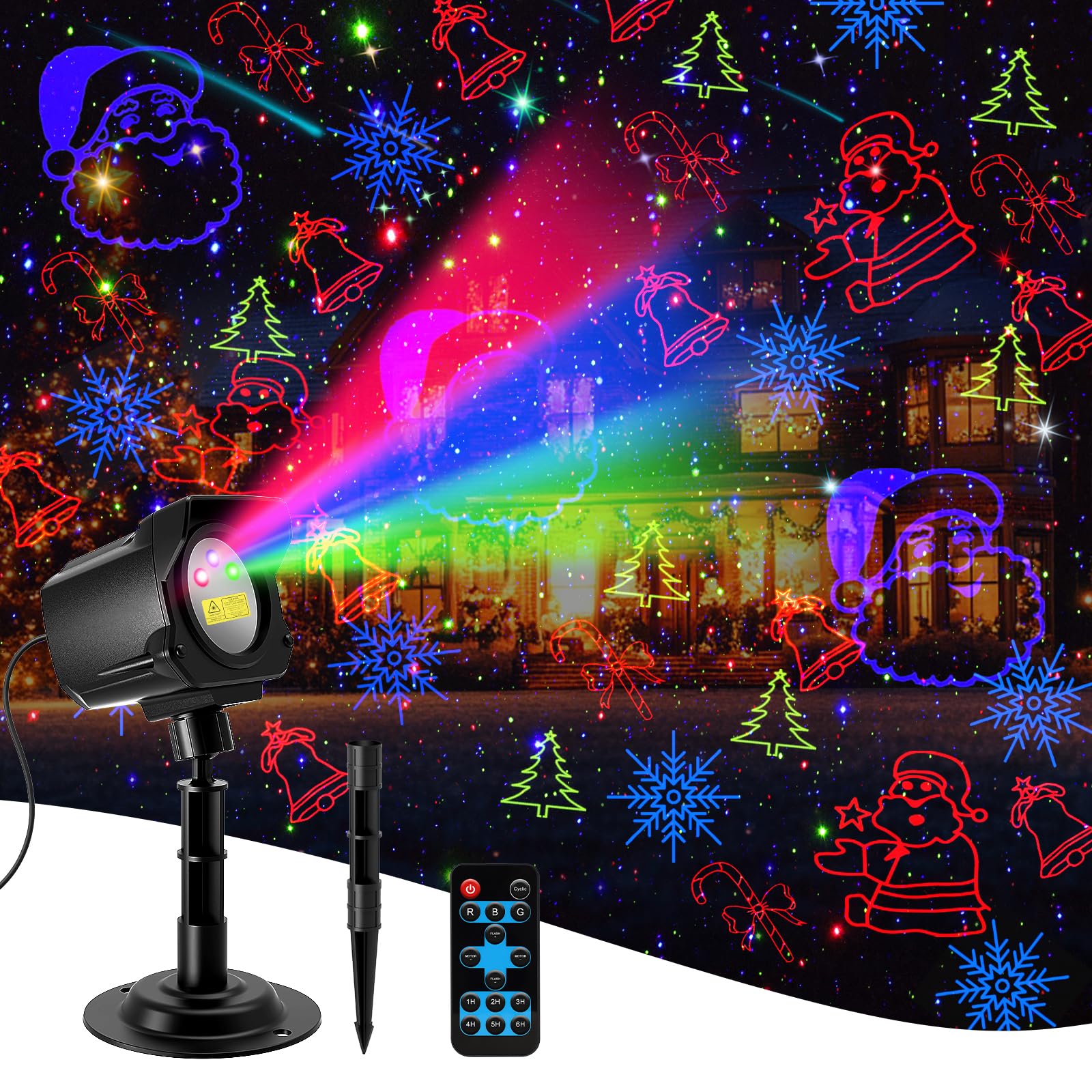 Laser Christmas Projector Lights Outdoor, 3 Color Laser Light Projector with Christmas Decorative Patterns, Waterproof, Indoor H