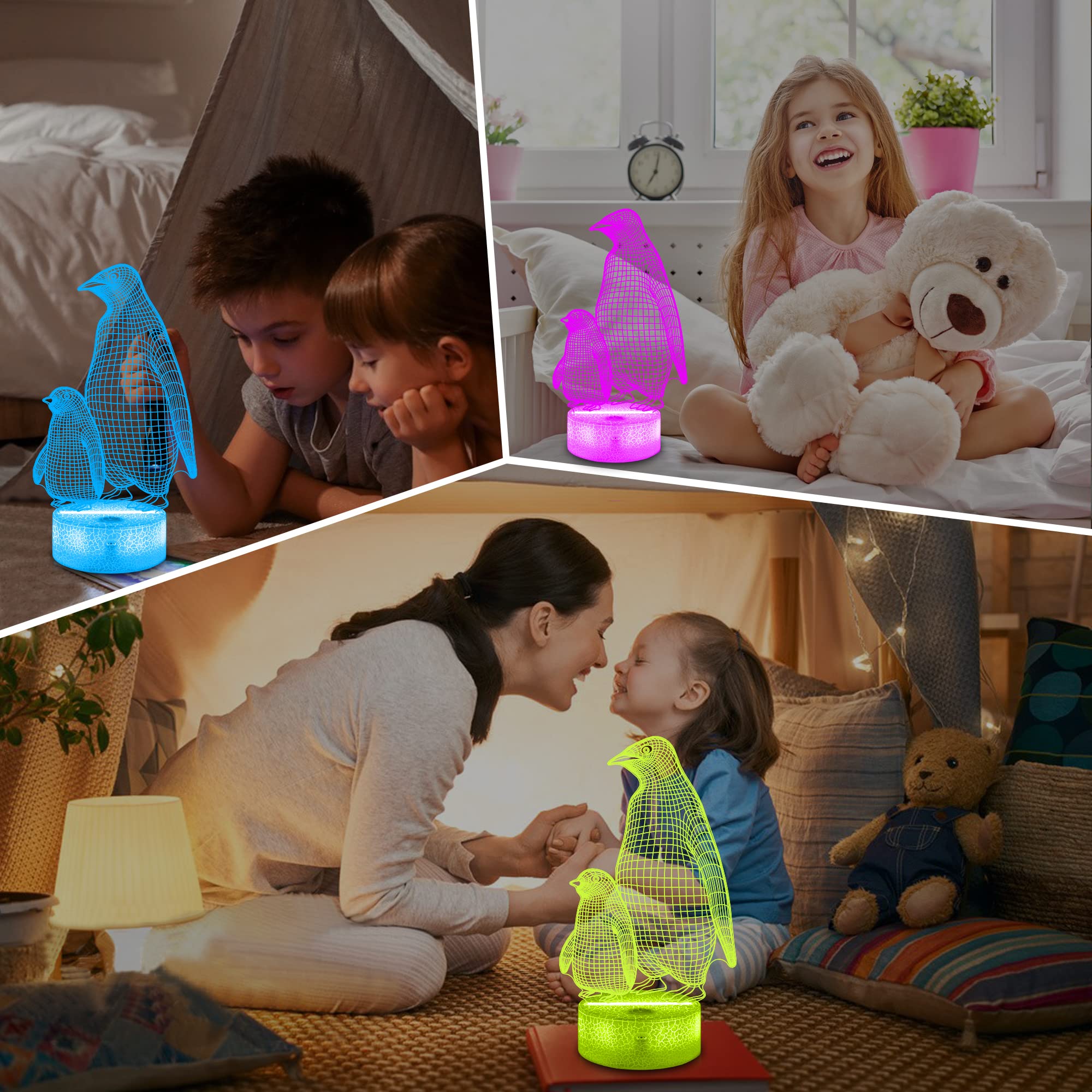 CooPark Penguin 3D Night Light - Multicolor, Remote Control, Dimmable, 16 Colors, Kids Bedroom Decor, Model FS-5200LY
