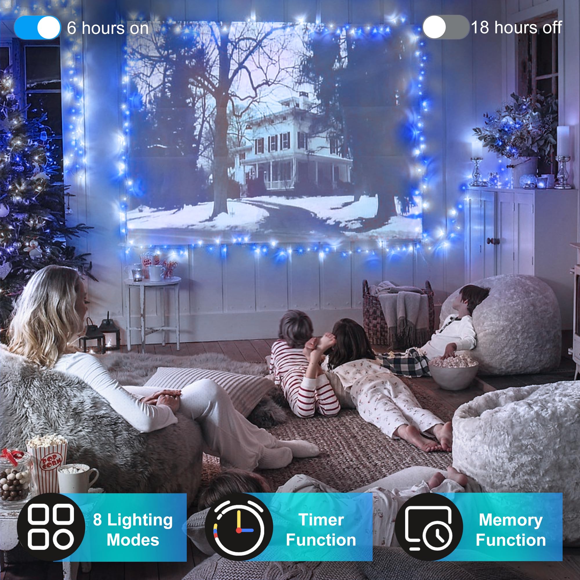 HRANBOTY 600 LED String Lights, 200FT Fairy Lights, Indoor Outdoor, Cool White & Blue, 8 Modes, Copper Material