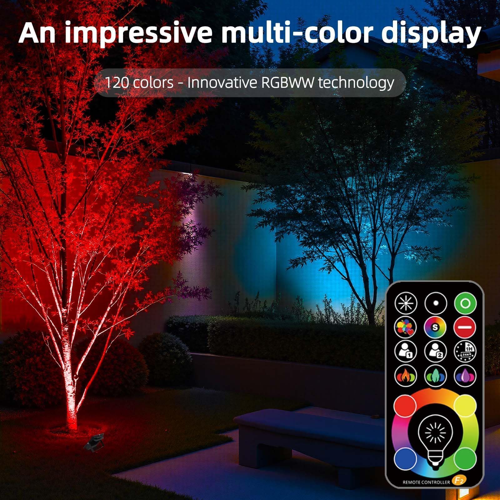 HEKEE 50W RGB LED Flood Light - 5000 Lumens, IP66 Waterproof, 2 Pack, Black, Aluminum, DIY Strobe Mode, 120 Colors, Model HU-X