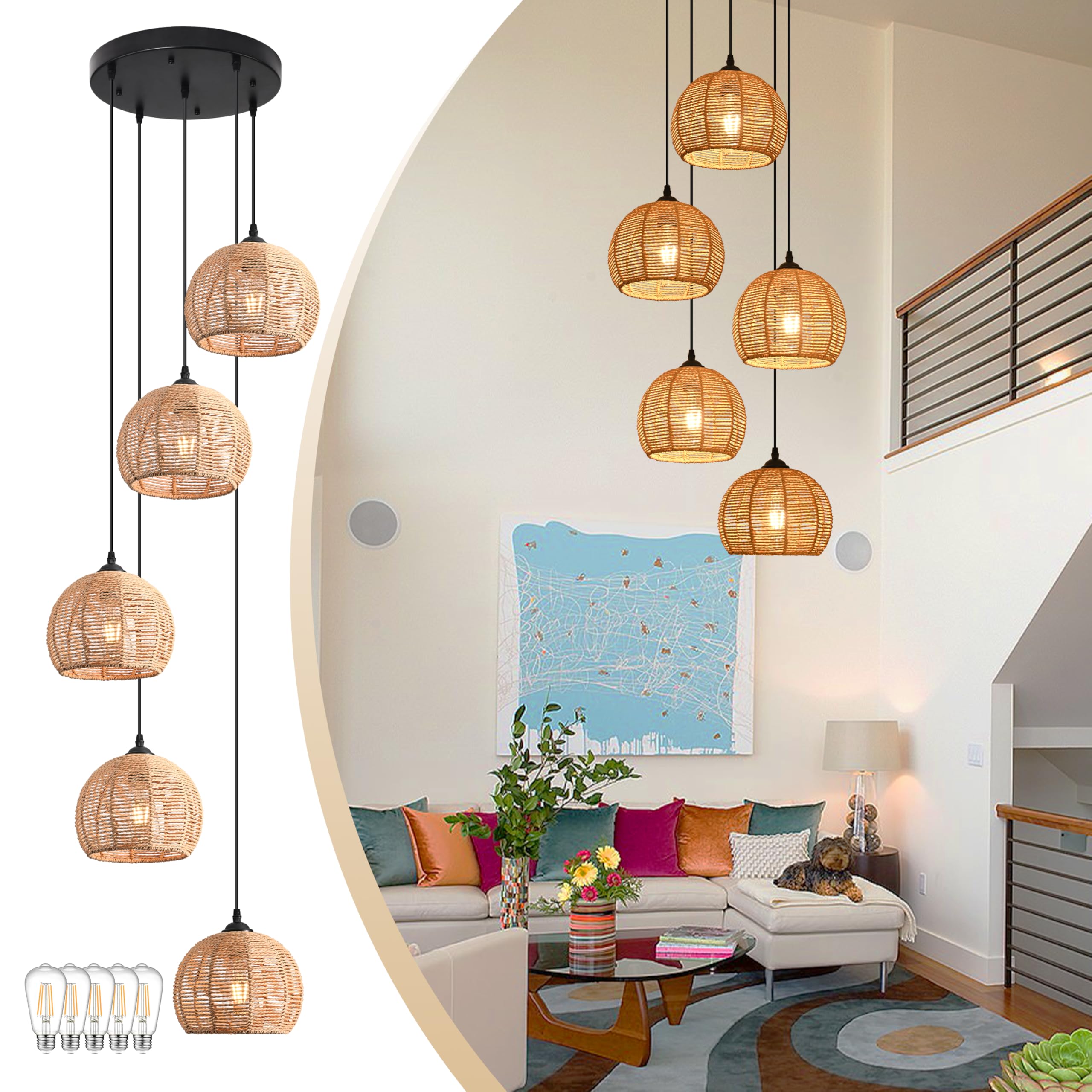 5-Light Woven Foyer Chandeliers for High Ceiling,5 Dome Boho Rattan Pendant Light Farmhouse Wicker Ceiling Light,rustic Hemp rop