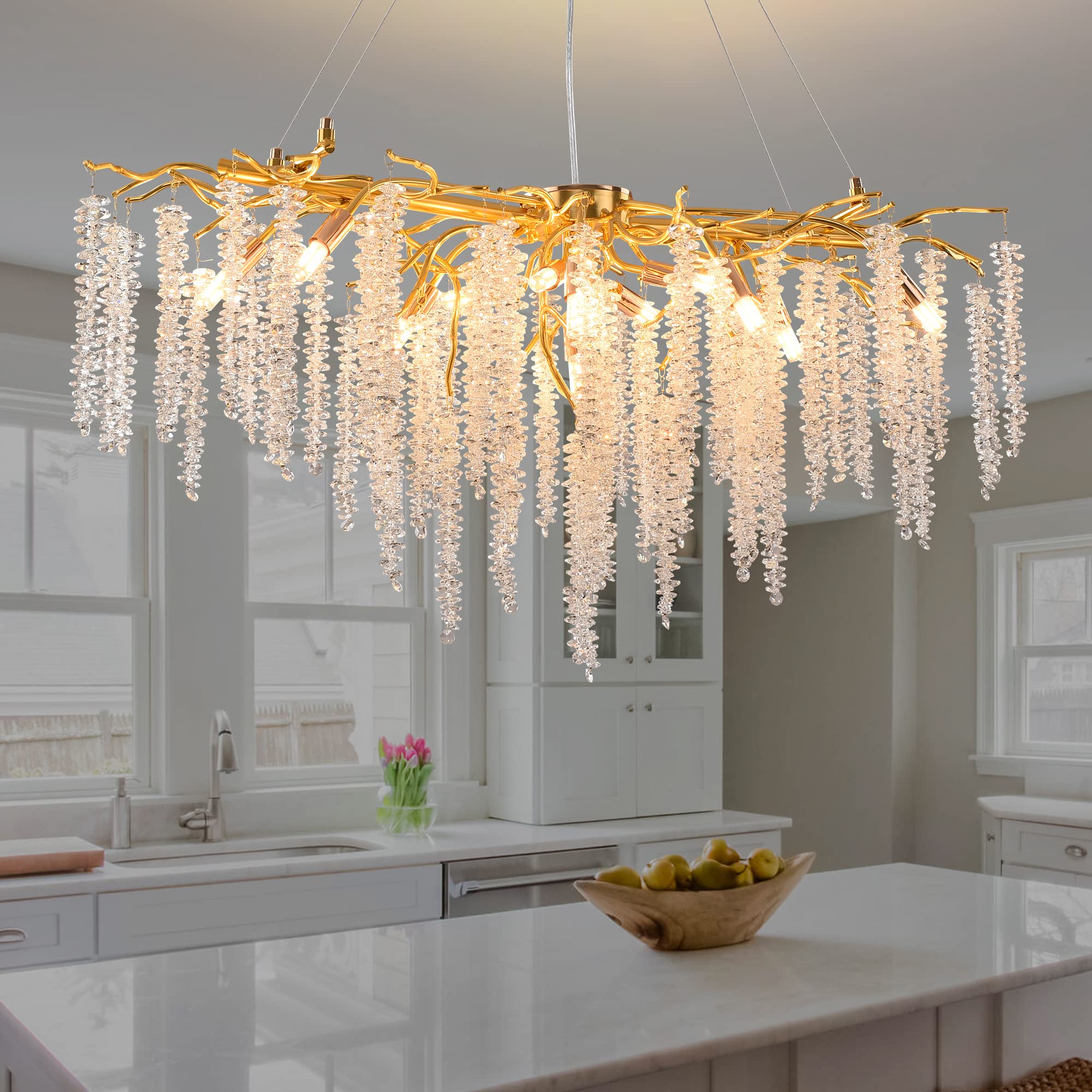 Upfelw Modern Crystal Tree Branch Chandelier, Large Gold Linear Raindrop Indoor Hanging Pendant Light Fixture for Dining Room Ki