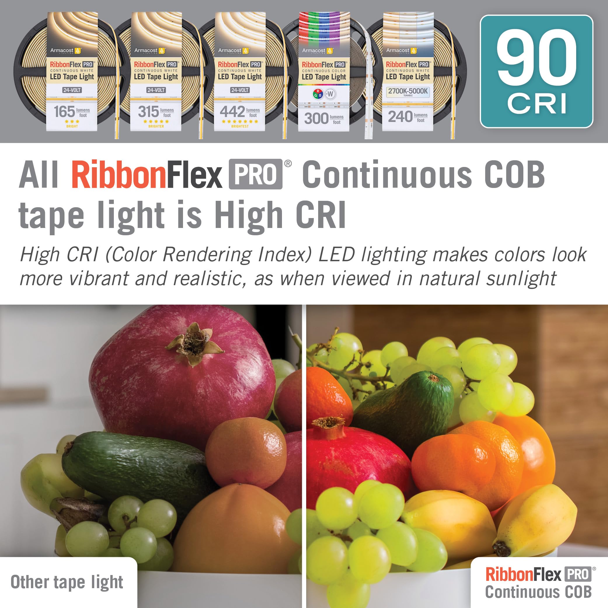 Armacost Lighting RibbonFlex Pro 24V COB LED Strip Light, 32.8 ft, Soft White 3000K, 171250, 165 Lumens/Ft