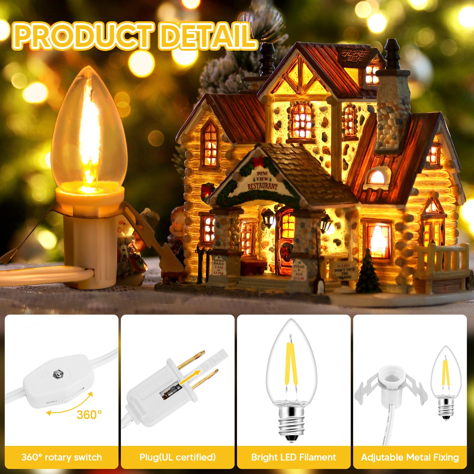 1Pack Accessory Cord With 12Led Light Bulbs And Outlet Christmas Village Light 20.6Ft White Cord Warm White C7 Lamp Christmas Village Accessories For Halloween Pumpkins Christmas Village Houses