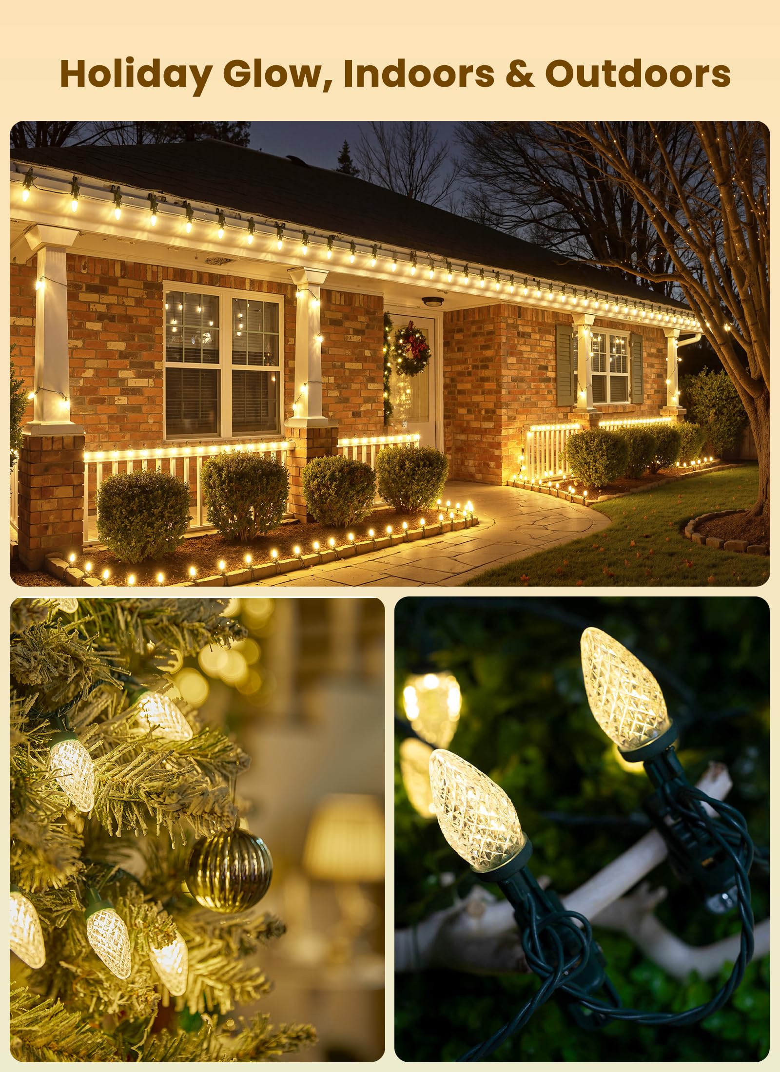 C9 Led Christmas Lights Outdoor  66 Feet 100 Led C9 String Lights With 100 Spring Clips  Waterproof Connectable Christmas Tree Lights For Outside Roofline Patio Home Xmas Decor  Warm White 2 Pack
