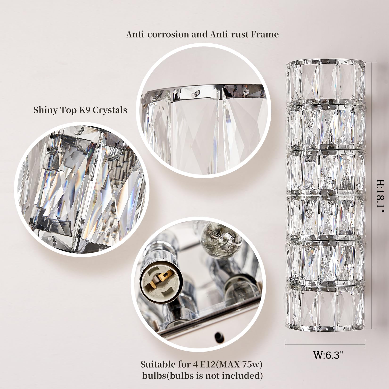 Kaiyuan 6 Layer Chrome Crystal Wall Sconce - Elegant Modern Light Fixture for Bathroom, Kitchen, Living Room, Bedroom, Hallway - 60W