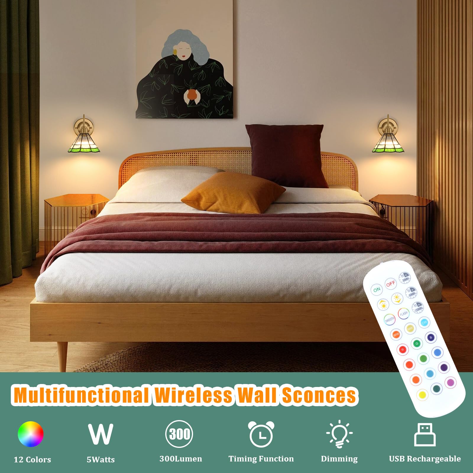 Shenmoyl Vintage Battery Operated Wall Sconce With Remote, Rgb Led Wall Lamp 12 Colors Dimmable, Brass Wall Lights Fixture For Bedroom Bathroom Living Room Hallway Green Multilayer Petal