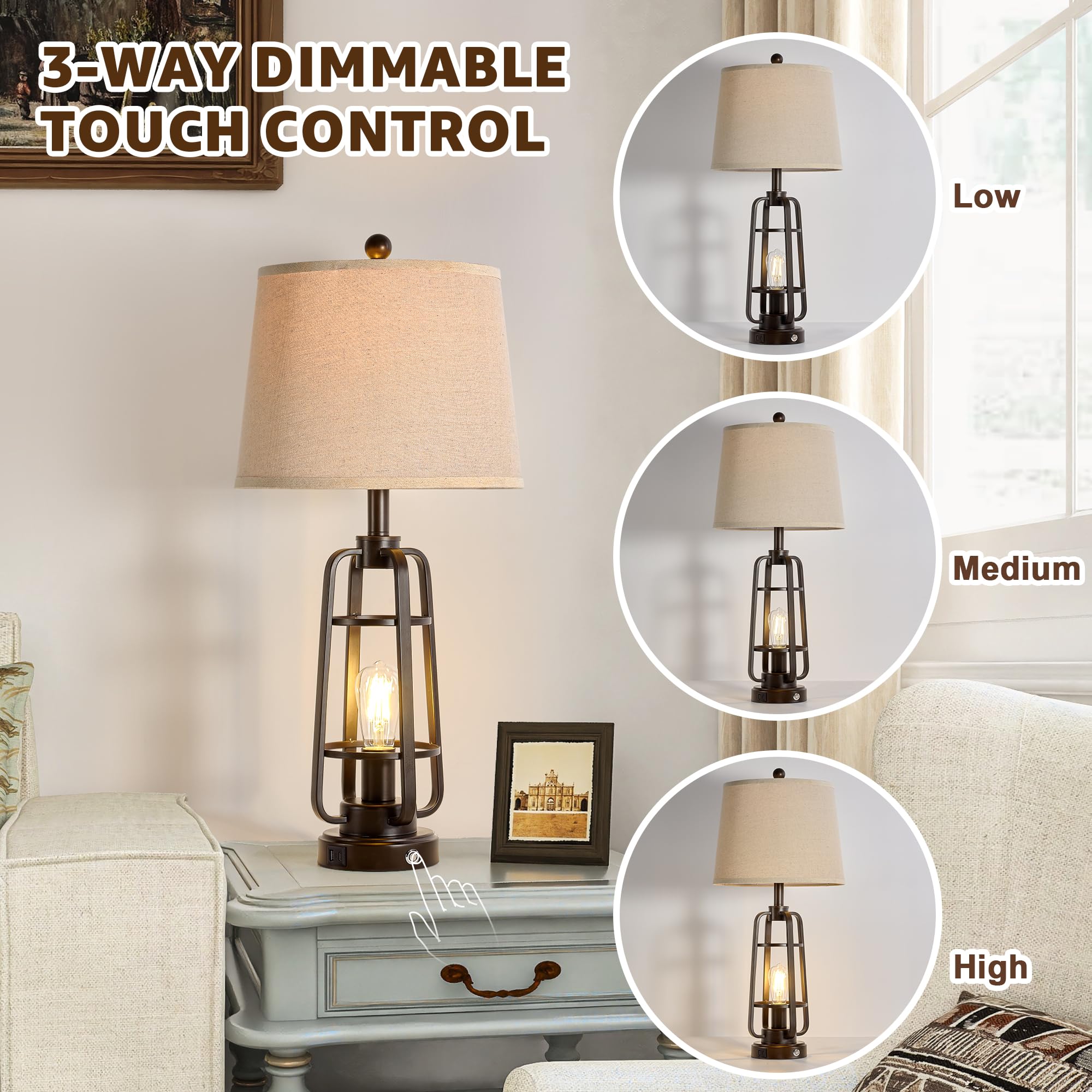 Bzzmmb 28.7'' Table Lamps For Living Room Set Of 2, Touch Lamps For Bedrooms With Usb C+A Charging Ports, Farmhouse Lamps For Ni