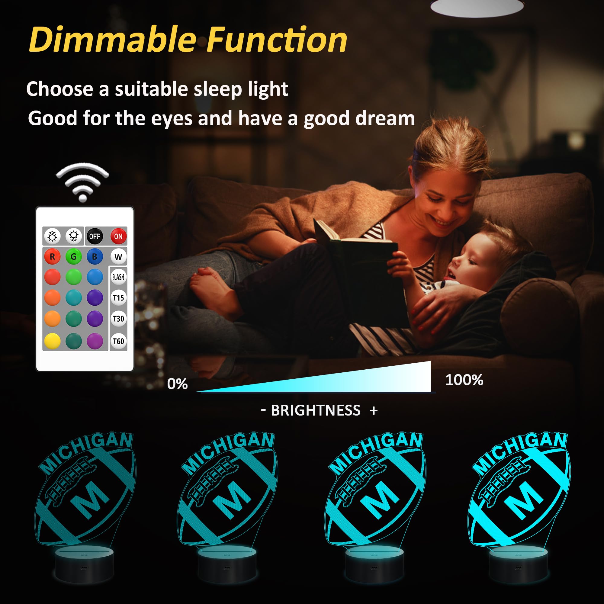 Lightzz 3D Football Night Light - 16 Color Remote Control Lamp, Michigan Multicoloured Decor for Kids Room
