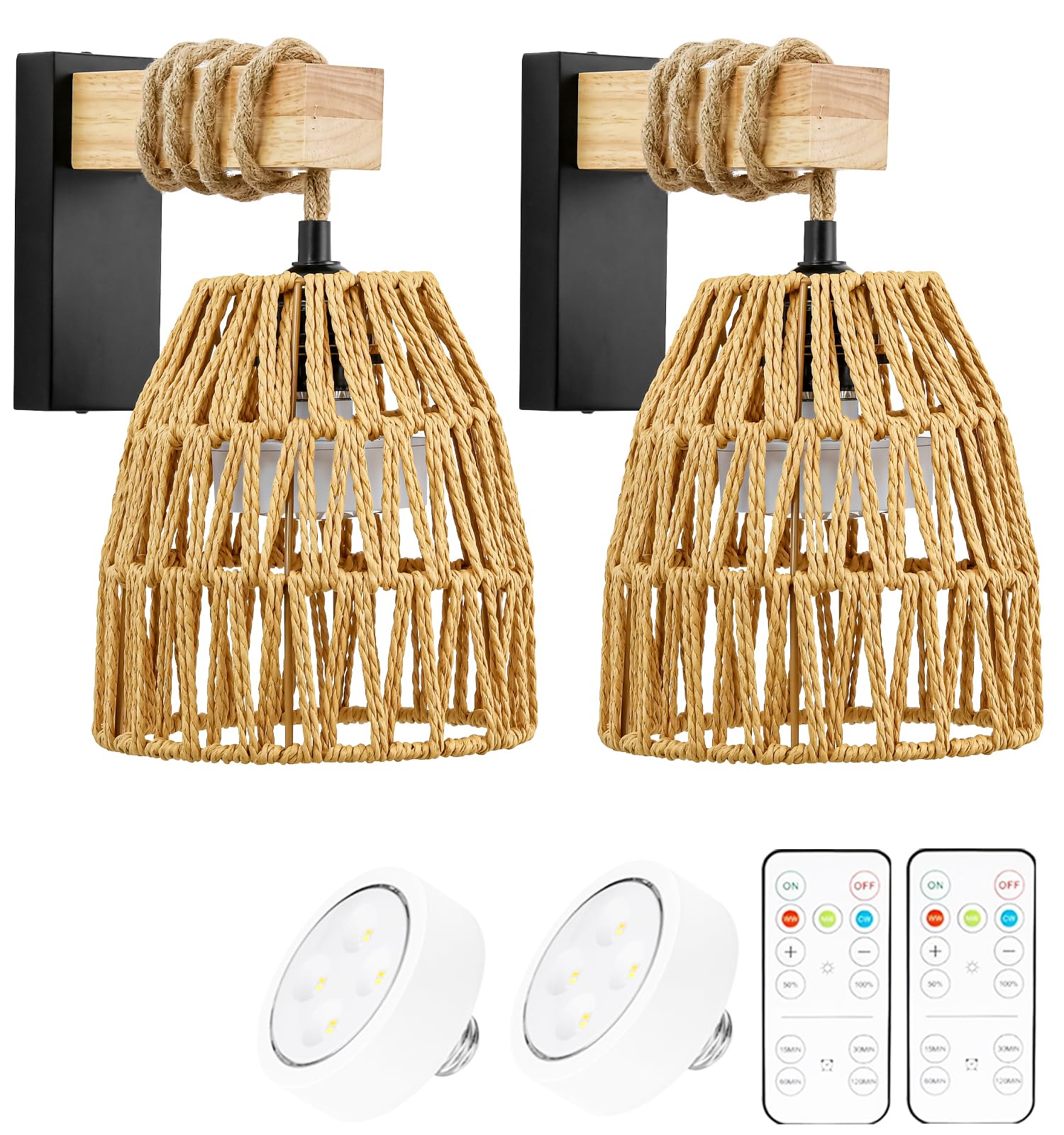 Battery Operated Wall Sconces, Set of 2 Rattan Boho Wireless Sconce with Remote Control, Ideal for Bedroom, Living Room, Entrywa