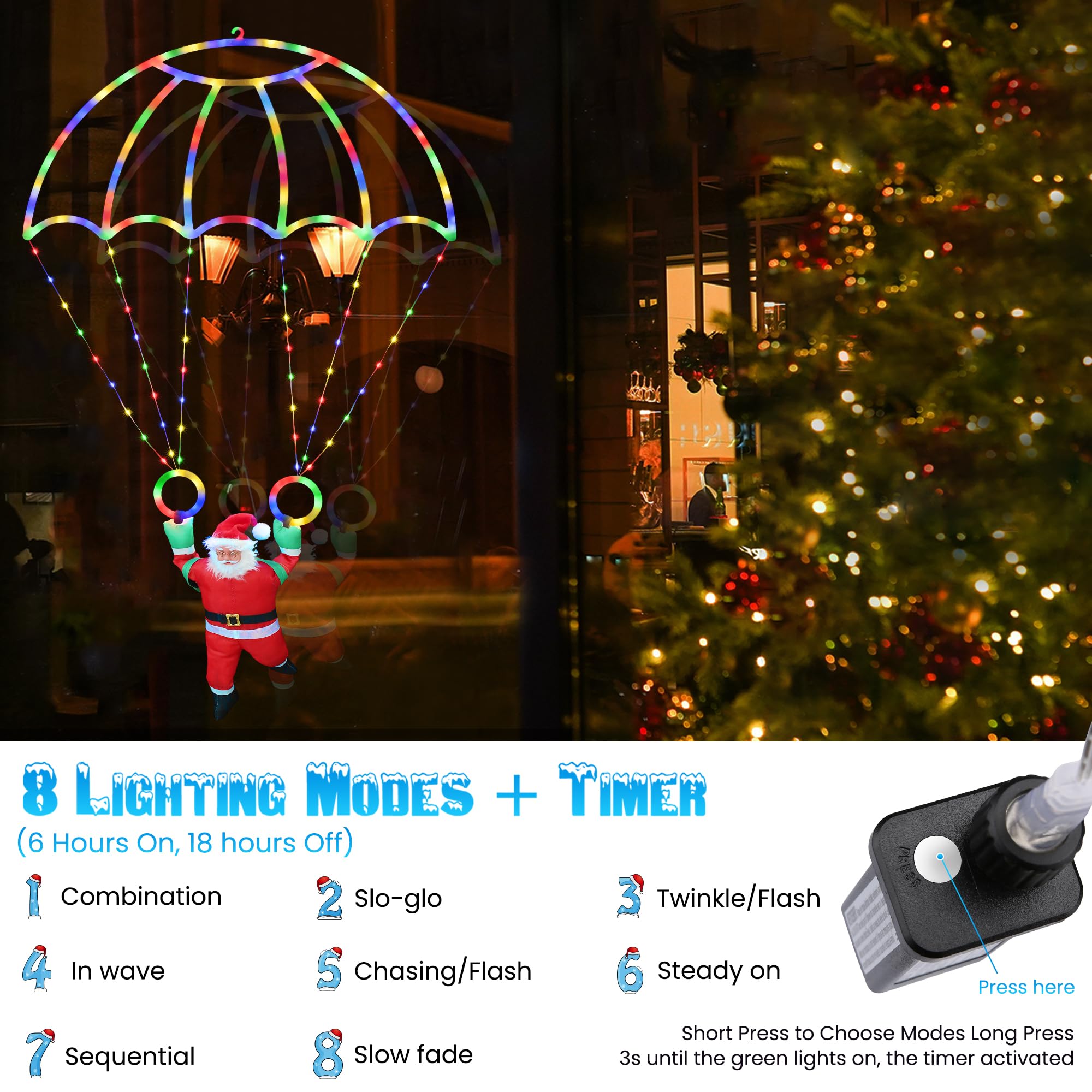 Toodour 2.8FT Christmas Parachute Lights, Waterproof Multicolor Hanging Decorations with Santa Claus - LED08230128