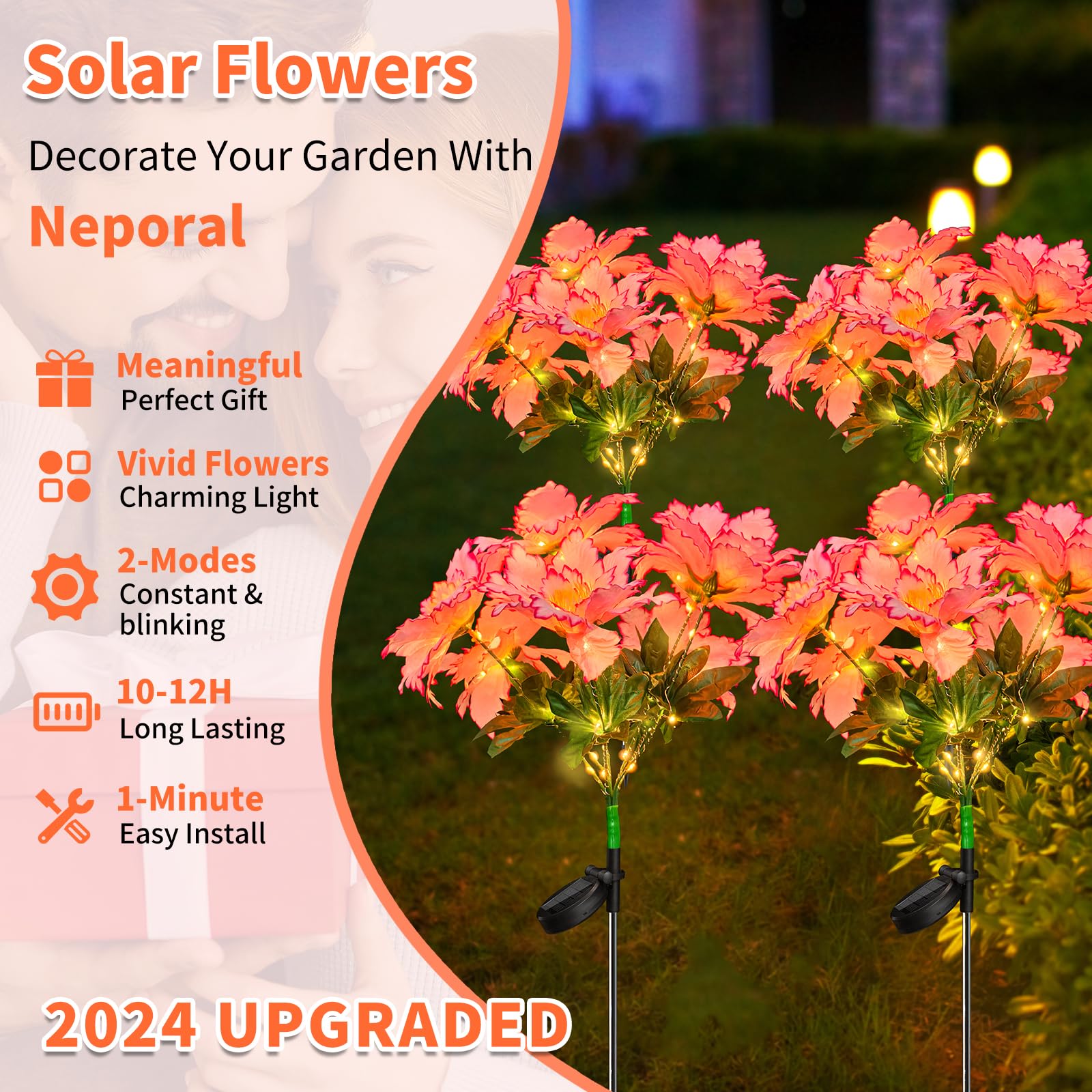Neporal Solar Flowers Outdoor Waterproof Rhododendron, 4PK 7-Stem Garden Solar Lights, 2 Decor Lighting Modes