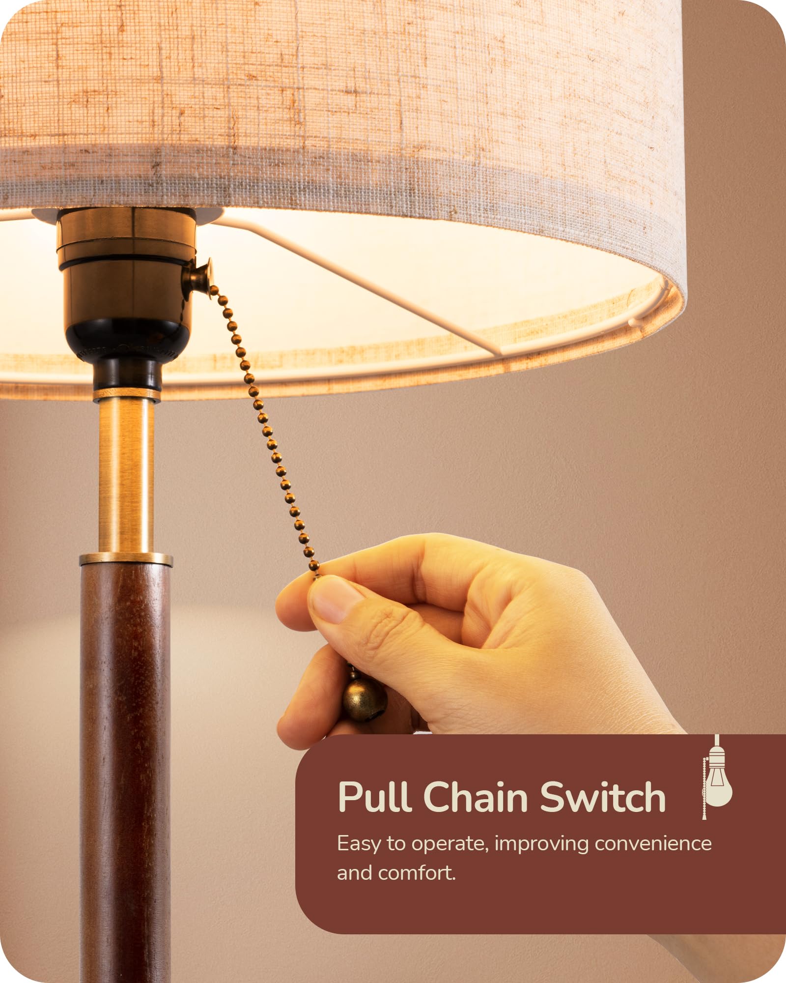 EDISHINE Mid Century Table Lamp, Metal & Wood, Pull Chain Switch, Bronze Finish, Modern Design for Bedroom, Living Room, Office