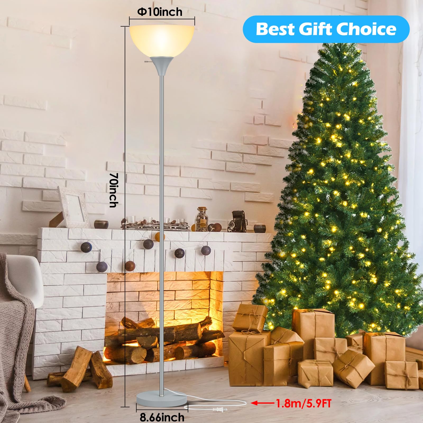 Coucrek Floor Lamp  Led Standing Lamps With White Plastic Shade  Corner Floor Lights For Living Room Bedroom  Rotary Switch  Bulb Not Included  Grey