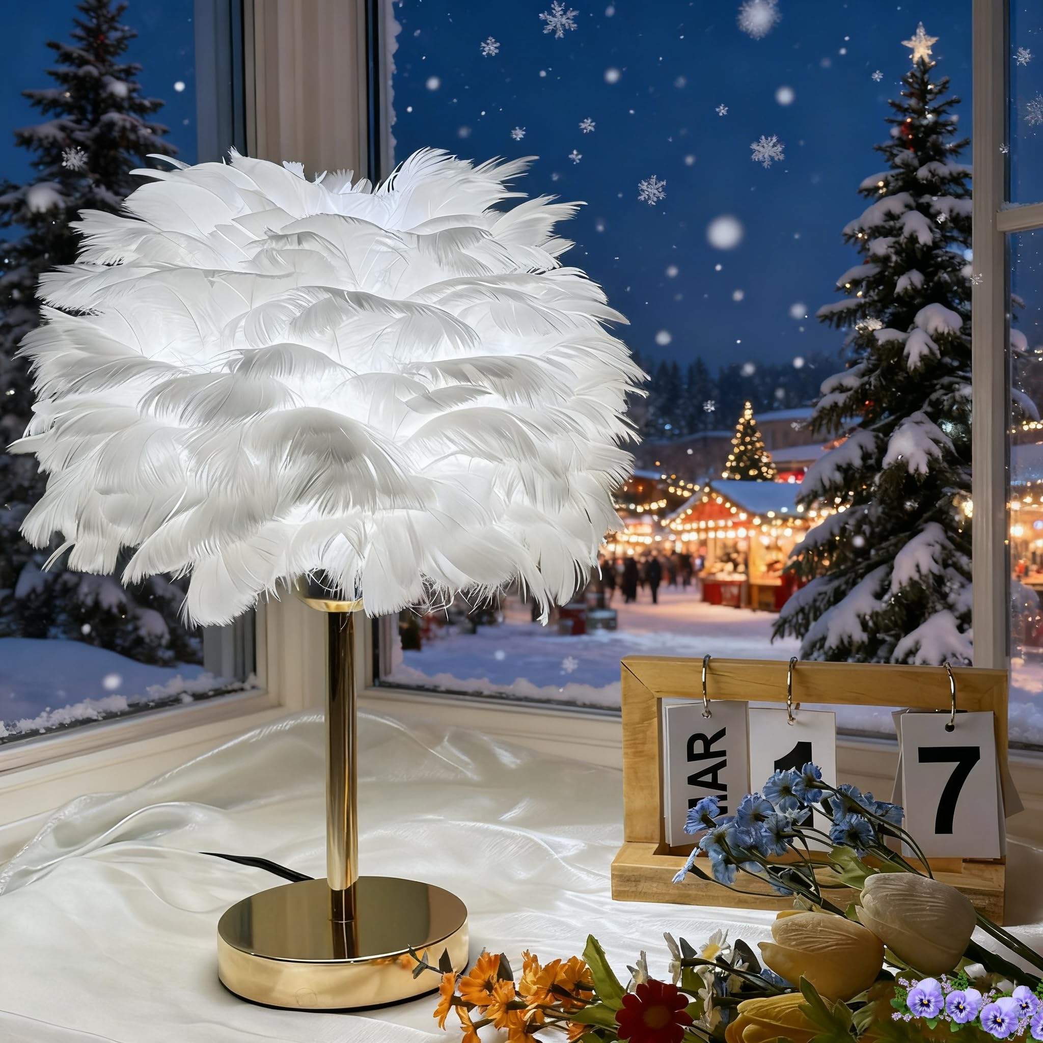 EMINGSKY White Feather Table Lamp with Gold Finish - 3 Color Changing LED Bedside Desk Lamp, Modern Elegant Decor for Hotel Wedd