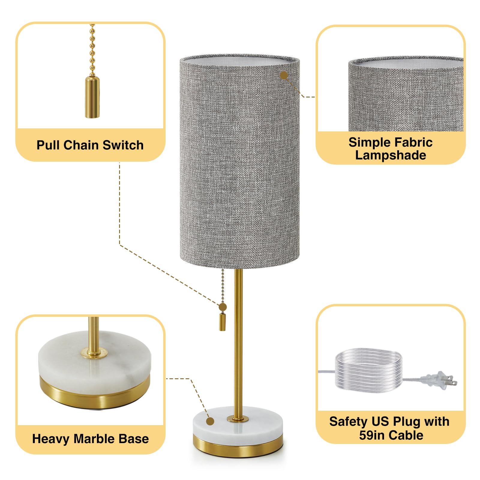 Luvkczc Minimalist Table Lamp Set of 2, Modern Pull Chain Bedside Lamp, Marble Base, Fabric Shade, Grey, Model 2TL-066C