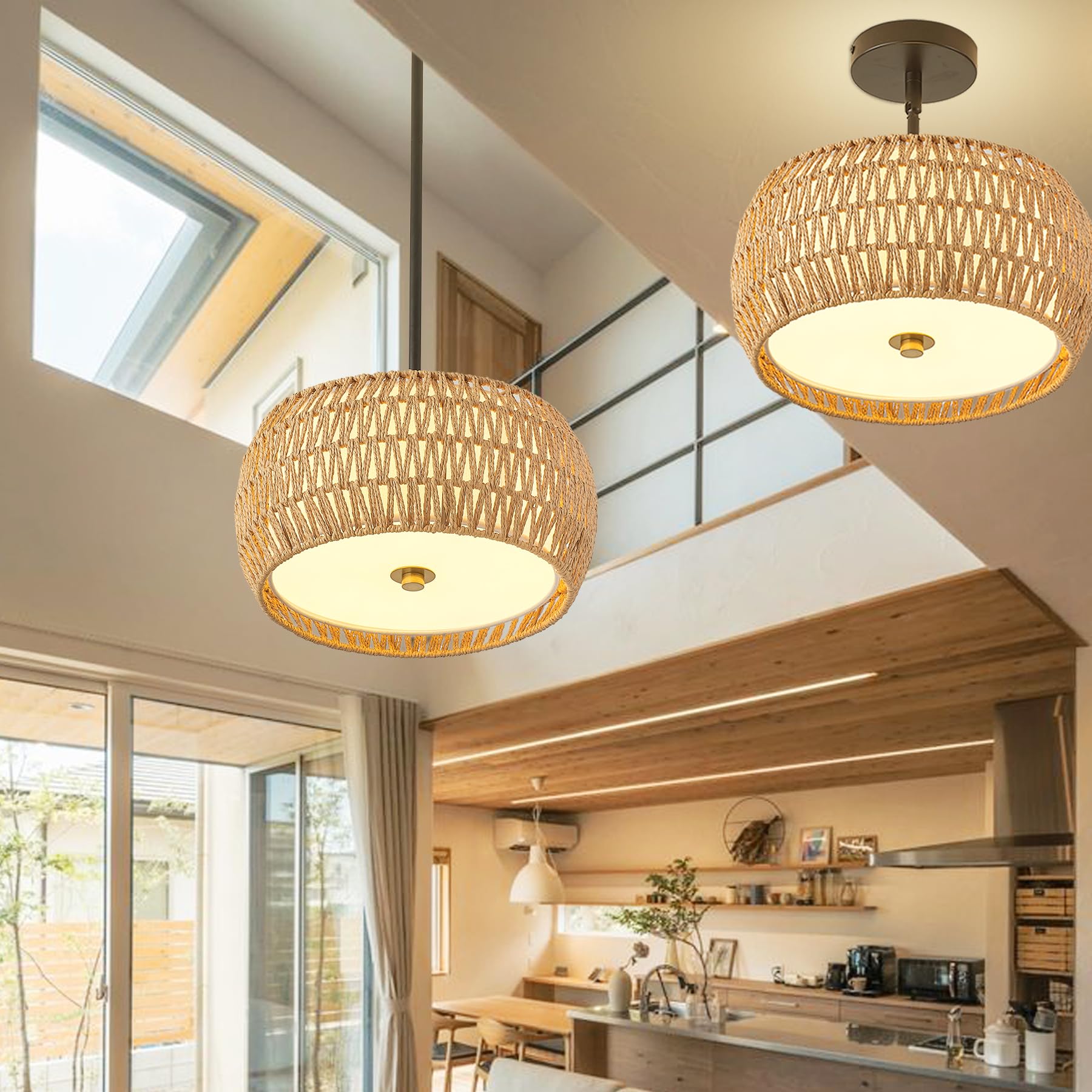 Giutna Rattan Farmhouse Chandelier Light Fixtures, 3-Light Rattan Pendant Light, Boho Ceiling Light Fixture Flush Mount,Woven Ch