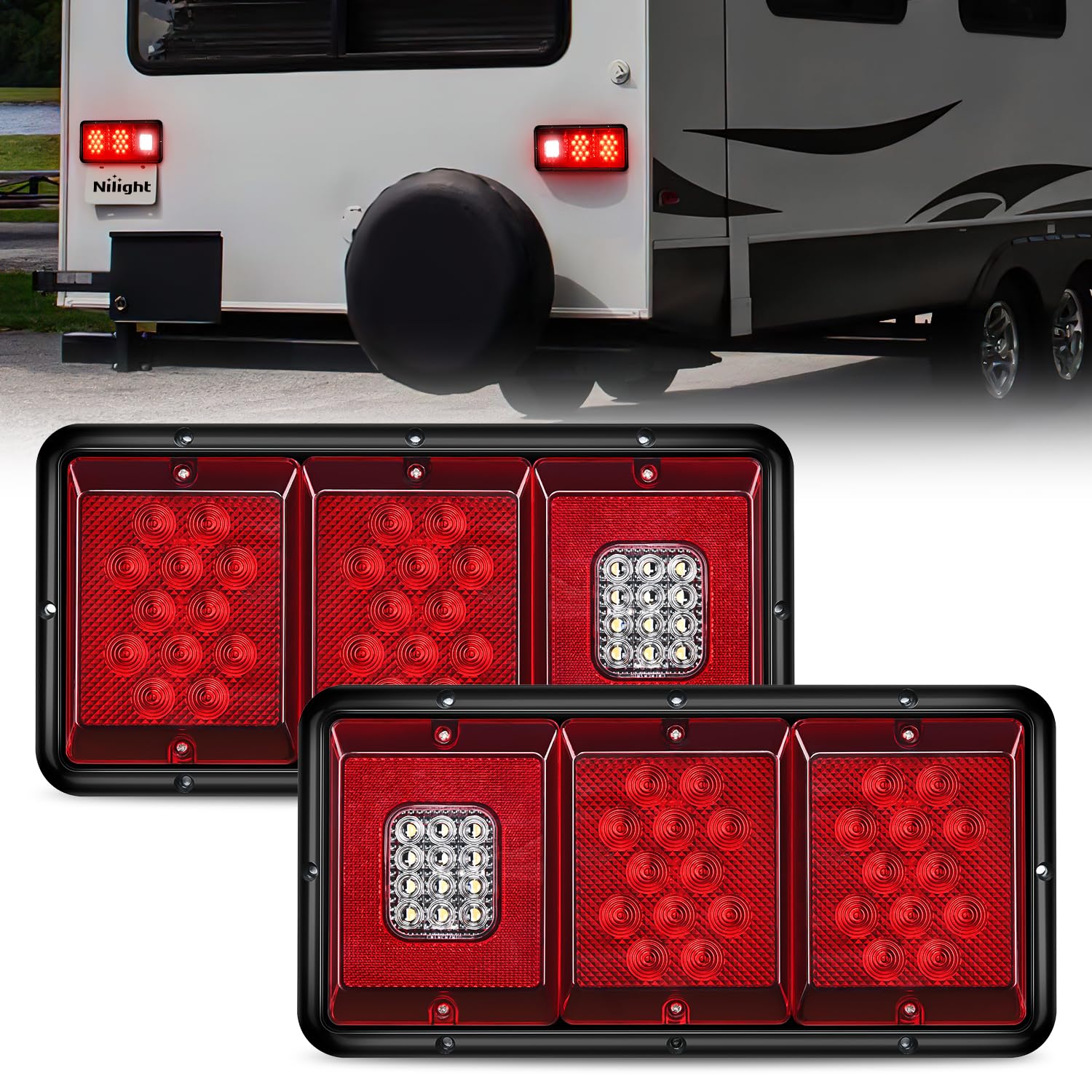 Nilight LED Triple Tail Light - 2PCS Rectangle, 36LED, Waterproof, Model TL-197, Red Stop Brake Turn Signals, White Reverse Lights