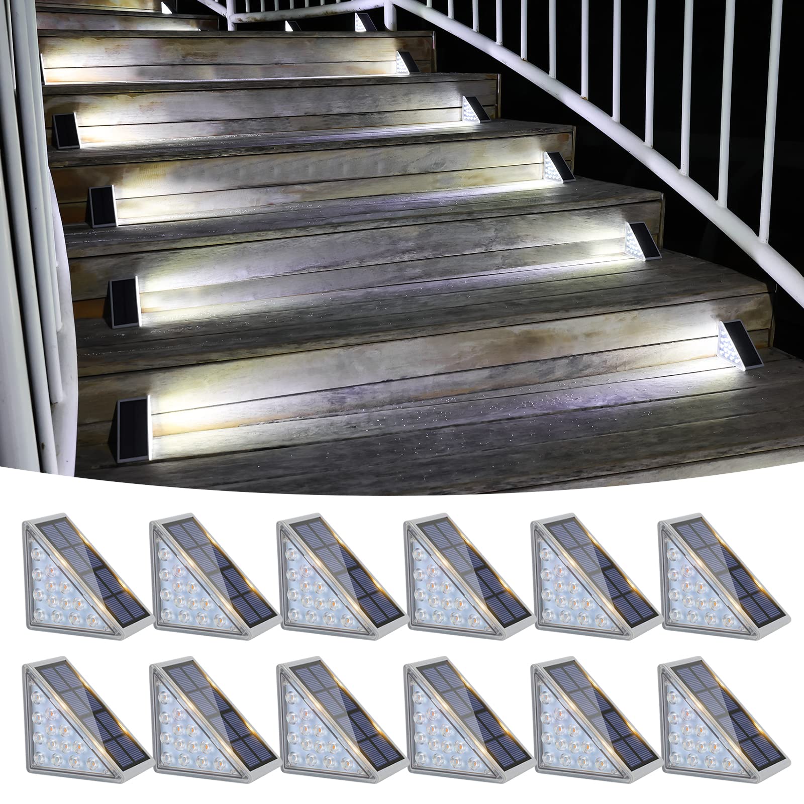 VOLISUN Solar Stair Lights 12 Pack, Waterproof IP67, 13 LEDs, Outdoor Lighting Decor, Cool White, Model 21163ZM