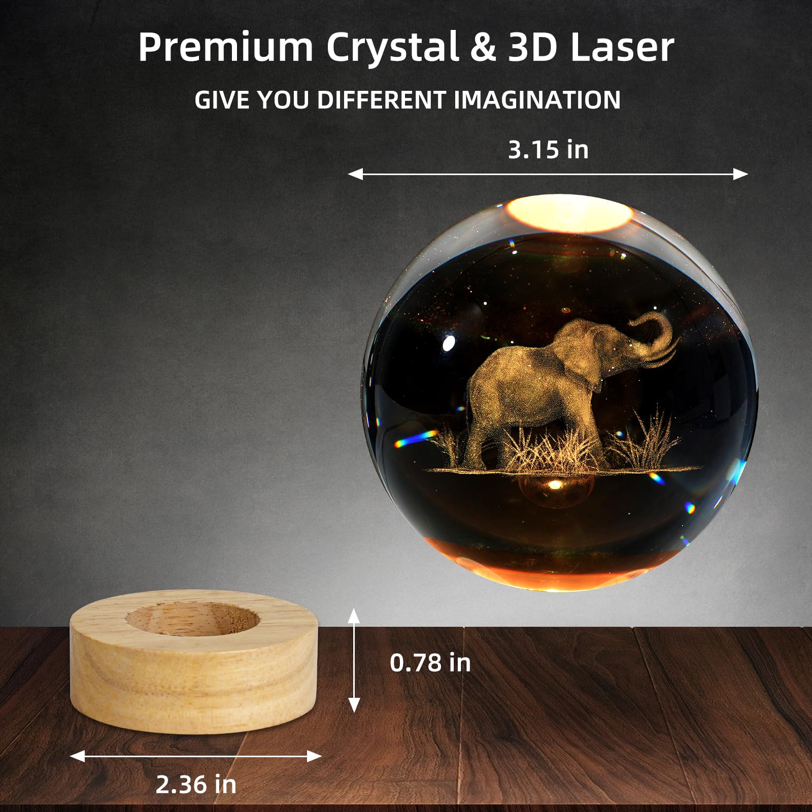 Zxblaq 3D Elephant Crystal Ball Night Light, Upgraded 3.15 Inch Glass Ball Lamp With 16 Color Led Wooden Base, Elephant Lamp Dec