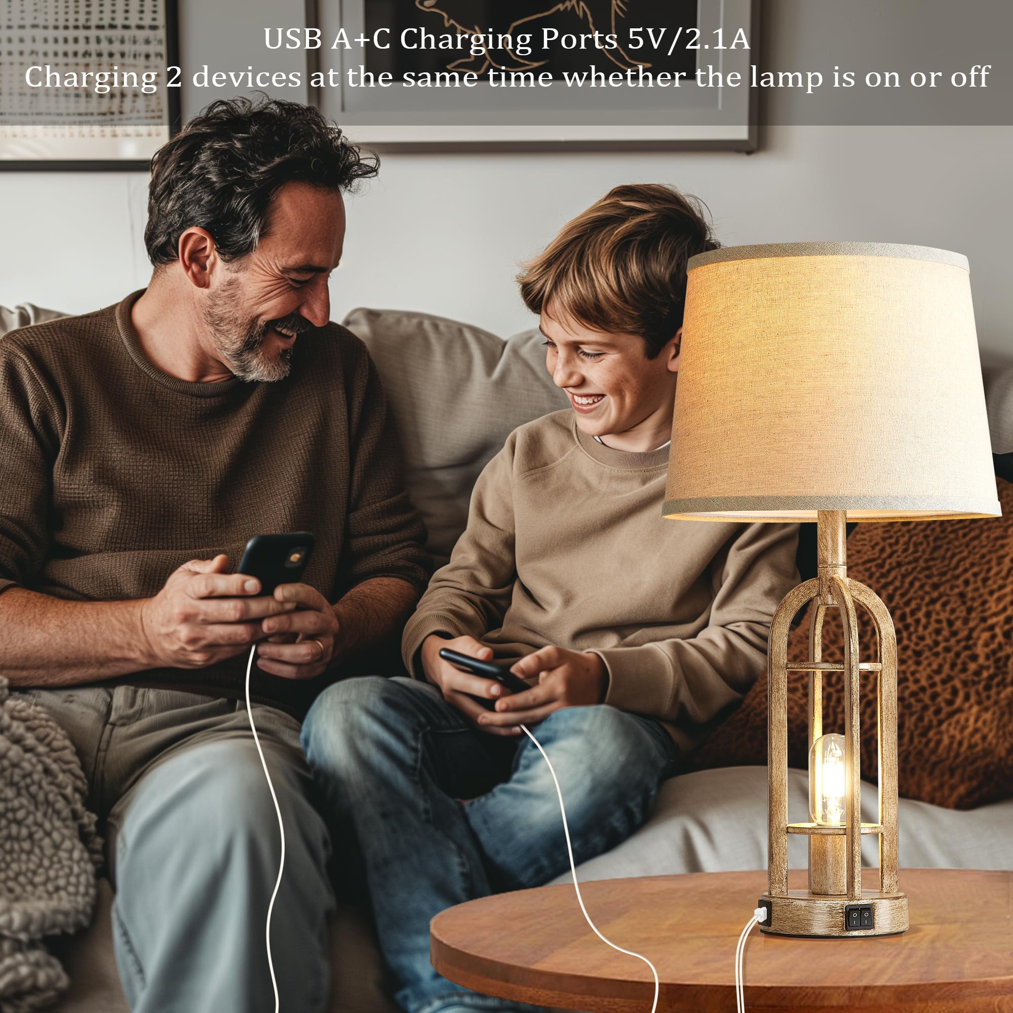 SRJJA Table Lamps Set of 2 - Rustic Wood Bedside Lamps with USB Ports, 24'' Button Switch, 4 Bulbs Included, Model QY_S2227-2T BW