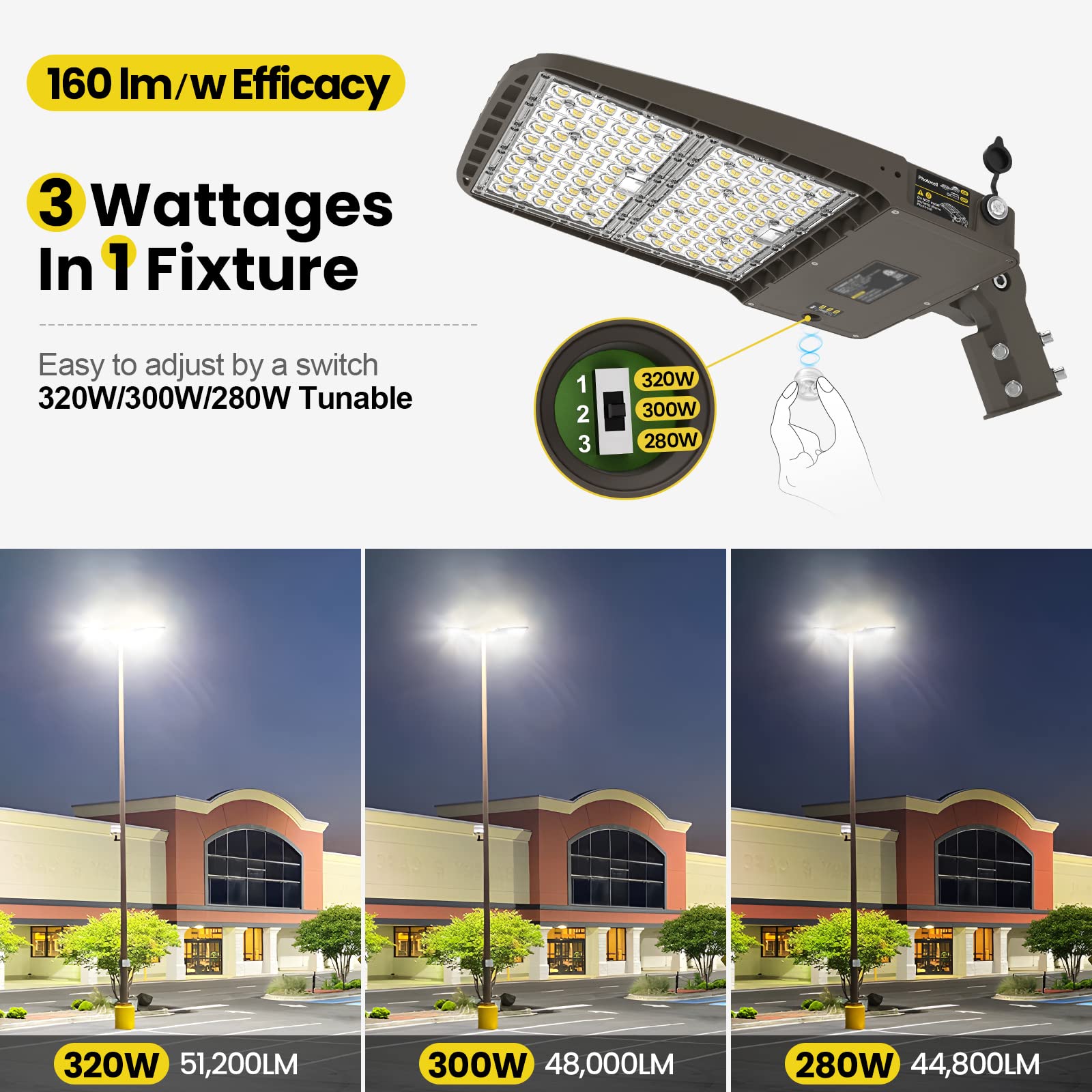 Yarbo 320W Led Parking Lot Light 300W 280W Tunable, 51200Lm (160Lm/W) 5000K Parking Lot Light, Slip Fitter, Dimmable Led Shoebox Light, Dusk To Dawn Photocell, Ac100-277V Street Light[1500W Hps Eqv.]