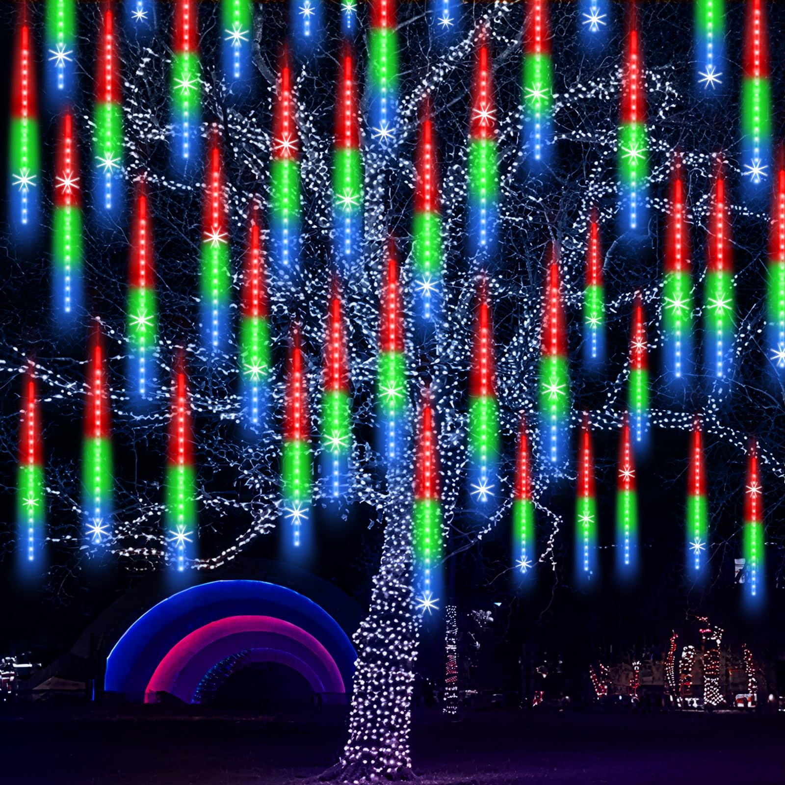 Eagwell Meteor Shower Lights Ul Certified 1080 Leds 20 Tubes Falling Rain Drop Christmas Icicle Cascading Lights For Xmas Tree Halloween Decorations Wedding Party Holiday Garden Decor  Multicolor