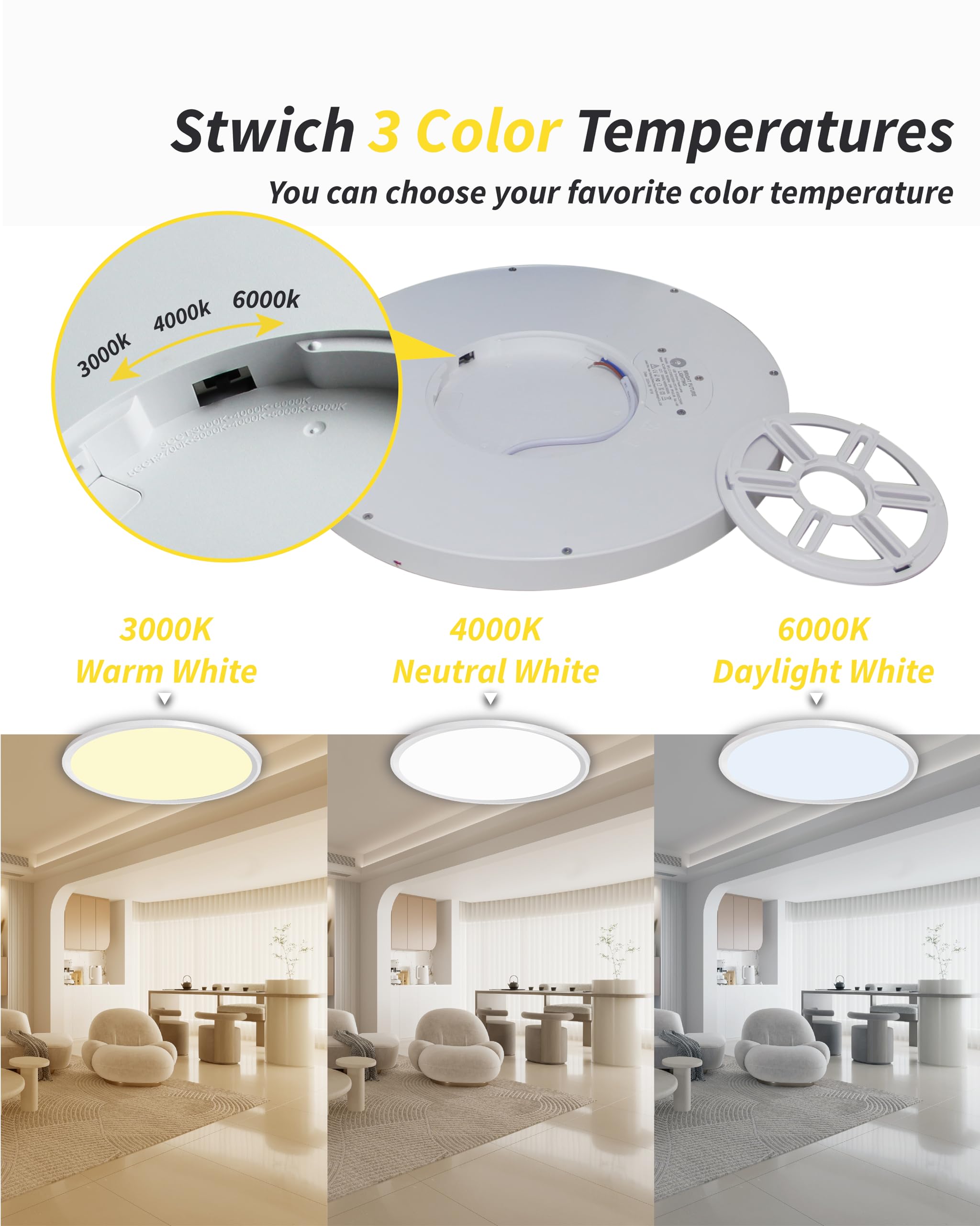Led Flush Mount Ceiling Light,16Inch Led Ceiling Light,Round 32W 3480Lm 3000K,4000K,6000K Cct Selectable,Flat Panel Super Slim L