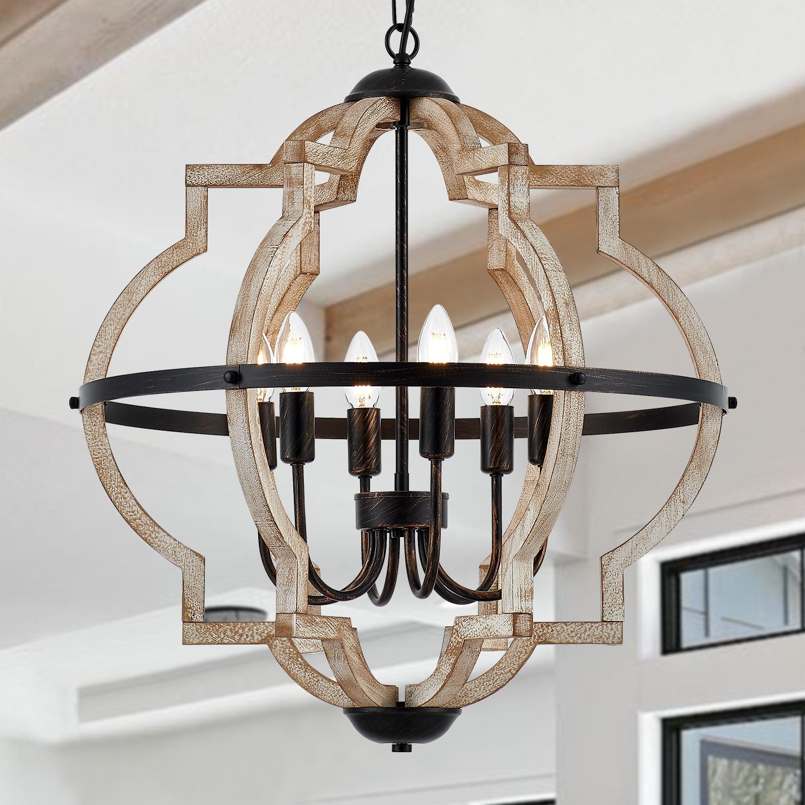 Tacdandm Farmhouse Chandelier For Dining Room Vintage Rustic Oak Distressed White 23'' 6-Light Wood Pendant Lighting Globe Hanging Ceiling Light Fixtures For Entryway Foyer Kitchen Living Room