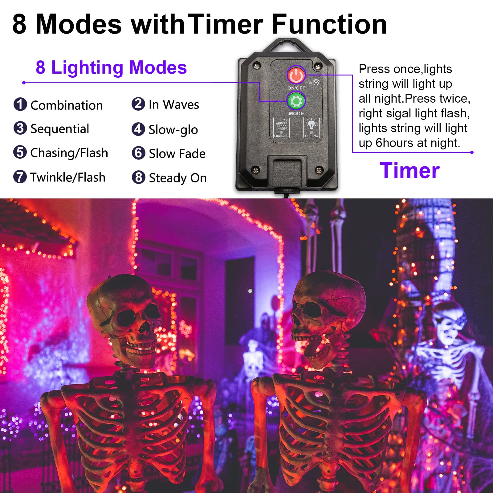 YAOZHOU Solar Halloween String Lights, 144ft LED, 400 Orange & Purple Lights, 8 Modes, IP44 Waterproof, Outdoor Decor