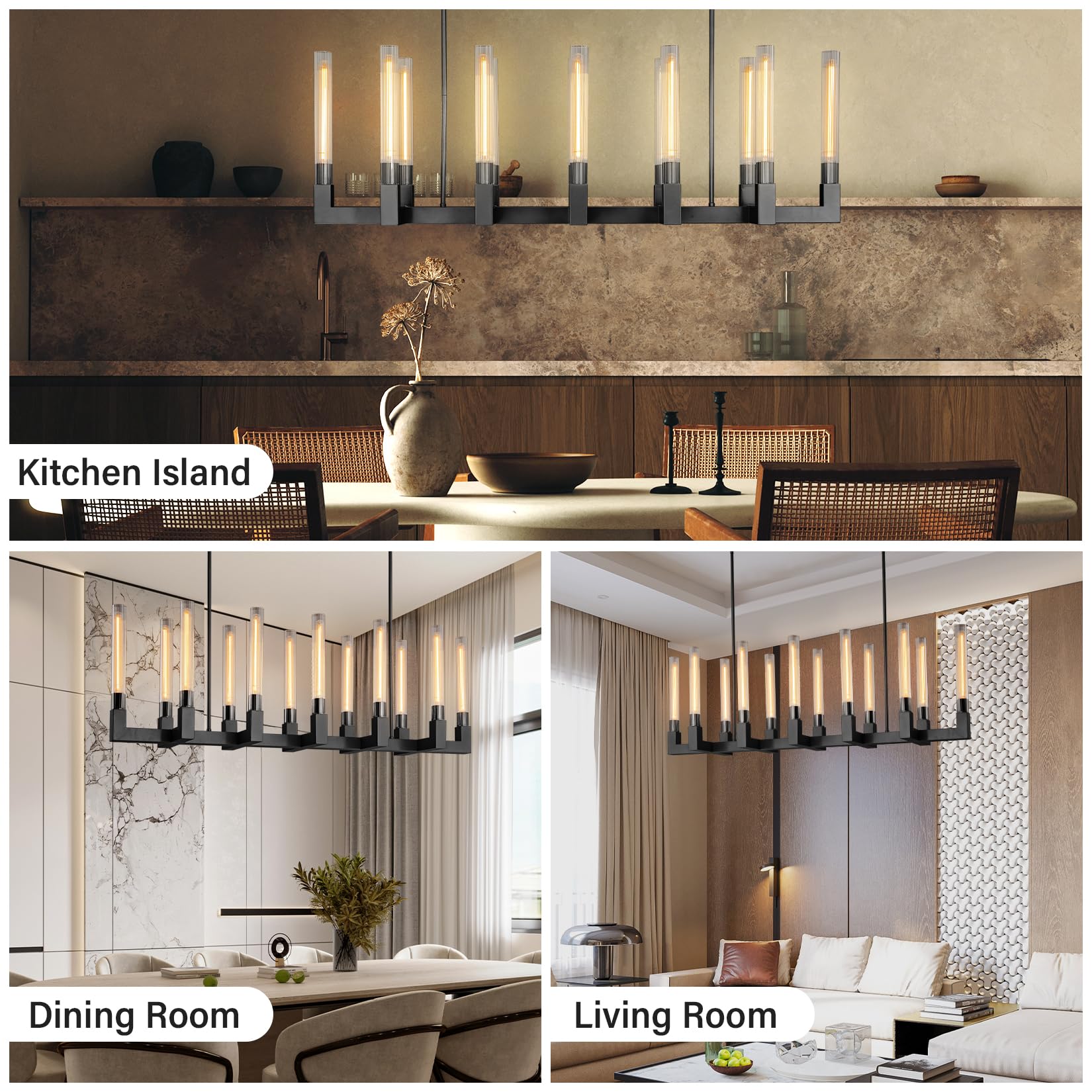 Yuexpand Black 12-Lights Modern Chandelier With Glass Tube, 54''Chandeliers Rectangular Luxurious Large Chandelier Fixture Ceili