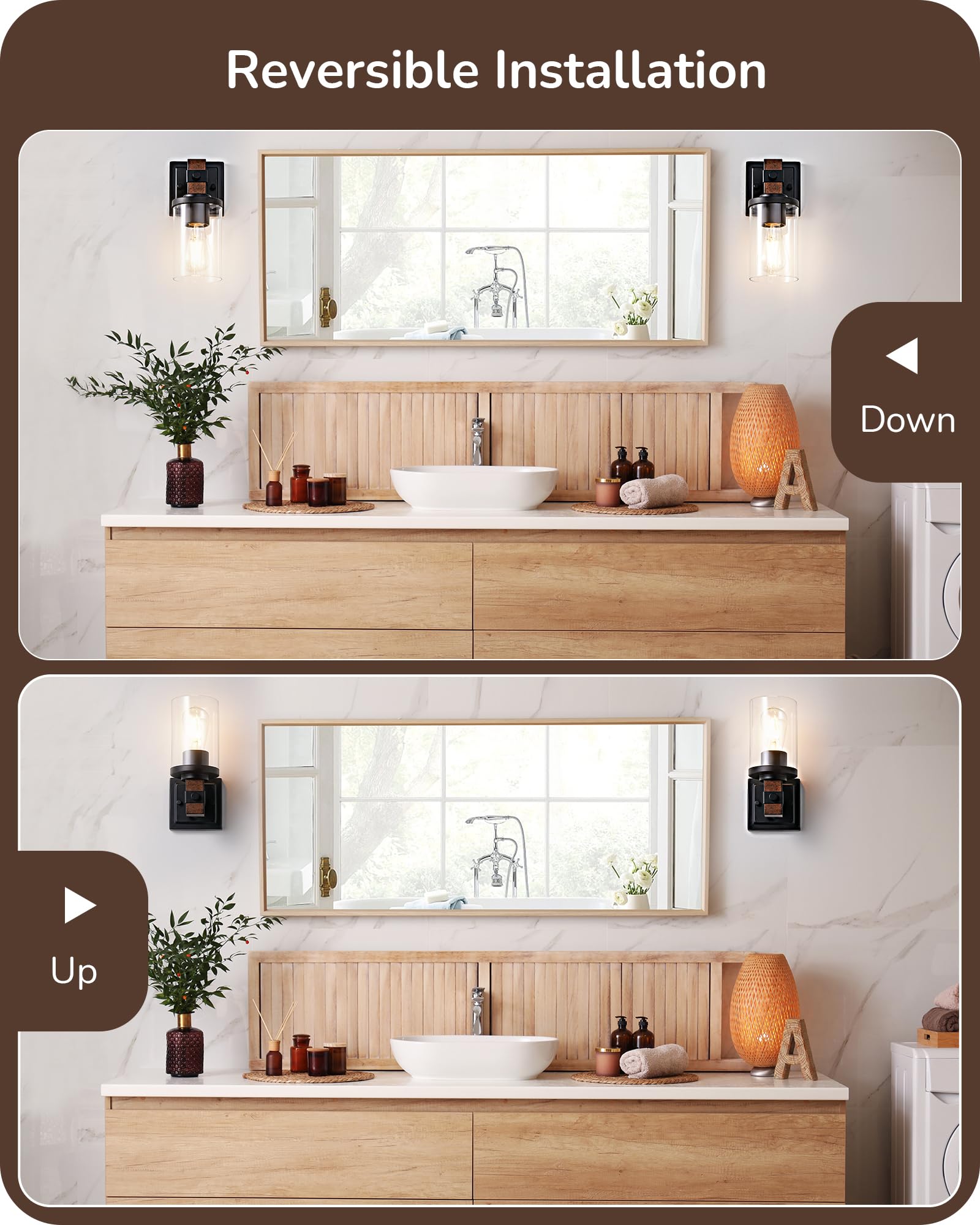 EDISHINE Wall Sconces Set of 2, Rustic Dark Wood 1-Light Bath Light Fixtures with Clear Glass Shade, Model HHVL02E