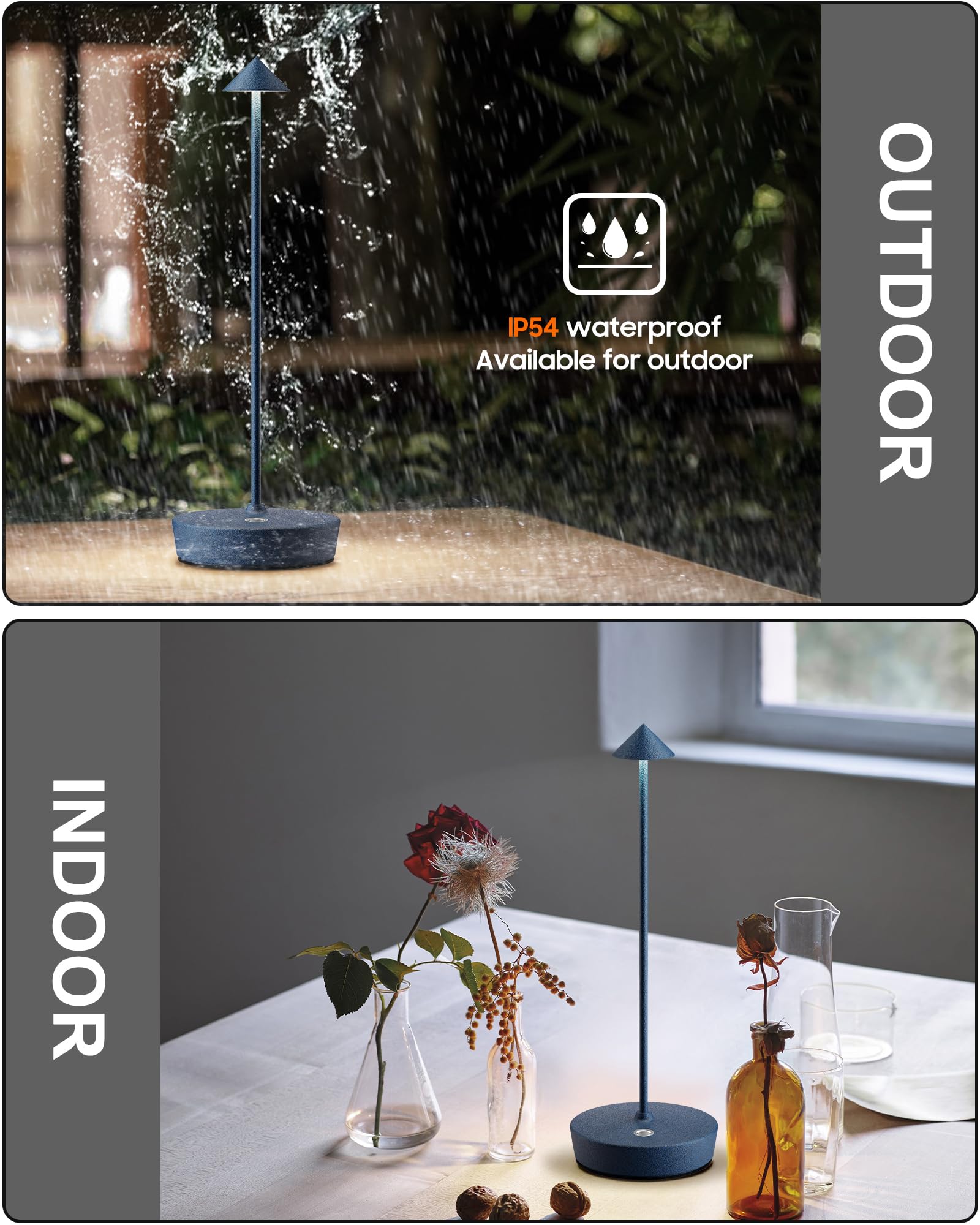 SHANGCAI Cordless LED Table Lamps, Rechargeable, Waterproof, Touch Dimmable, Set of 2, Blue, Model SC-2PX12-Blue