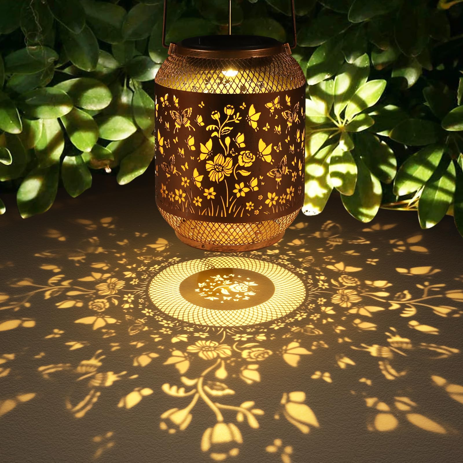 Doorkeer Solar Lanterns - 2 Pack Butterfly Swarm, Waterproof Metal Hanging Lights, Bronze Color, for Garden, Patio, Lawn, Backyard