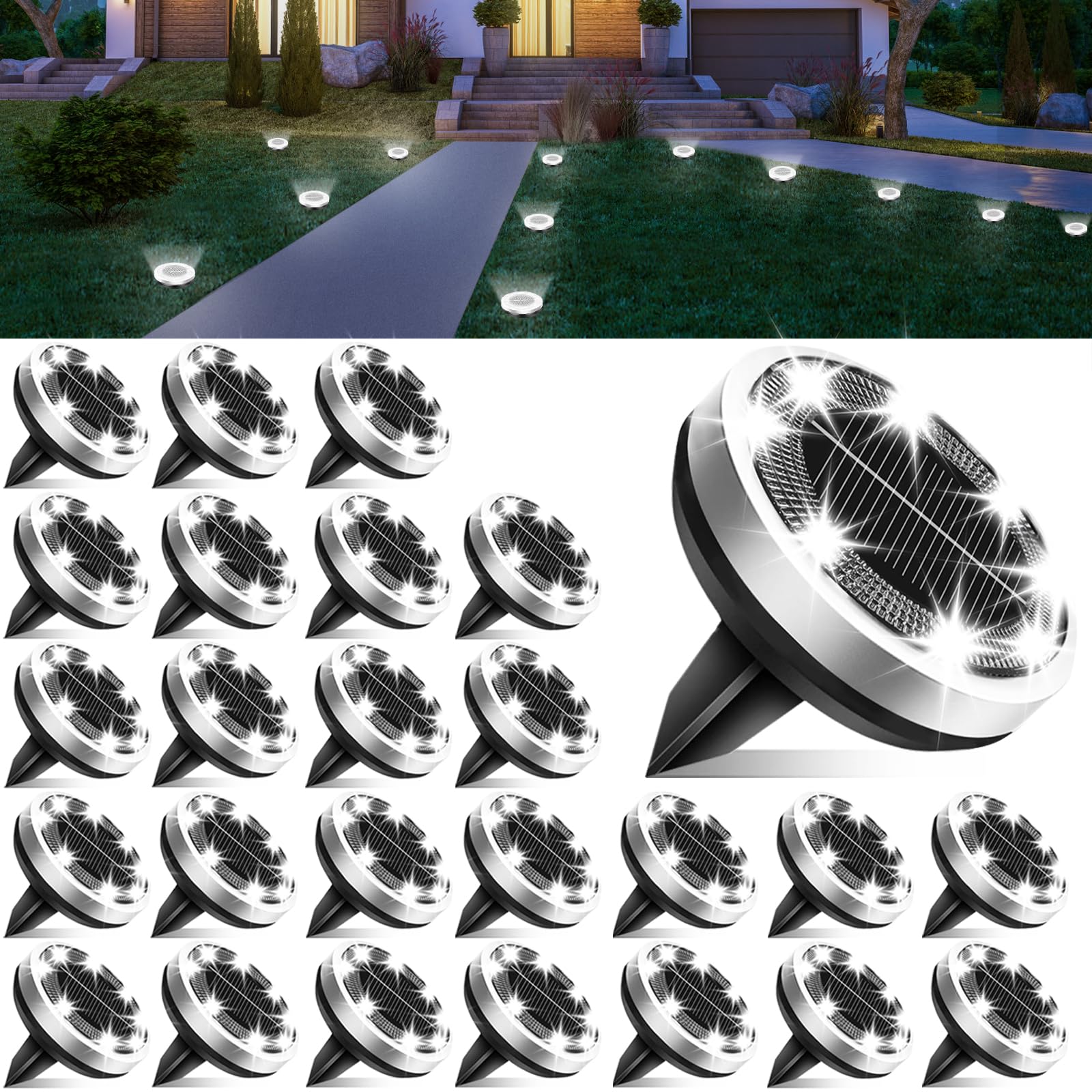 Solar Lights Outdoor Waterproof, 26 Pack 8 LED, Thickened Stainless Steel Ground Light, Solar Garden Lights Landscape Lighting f