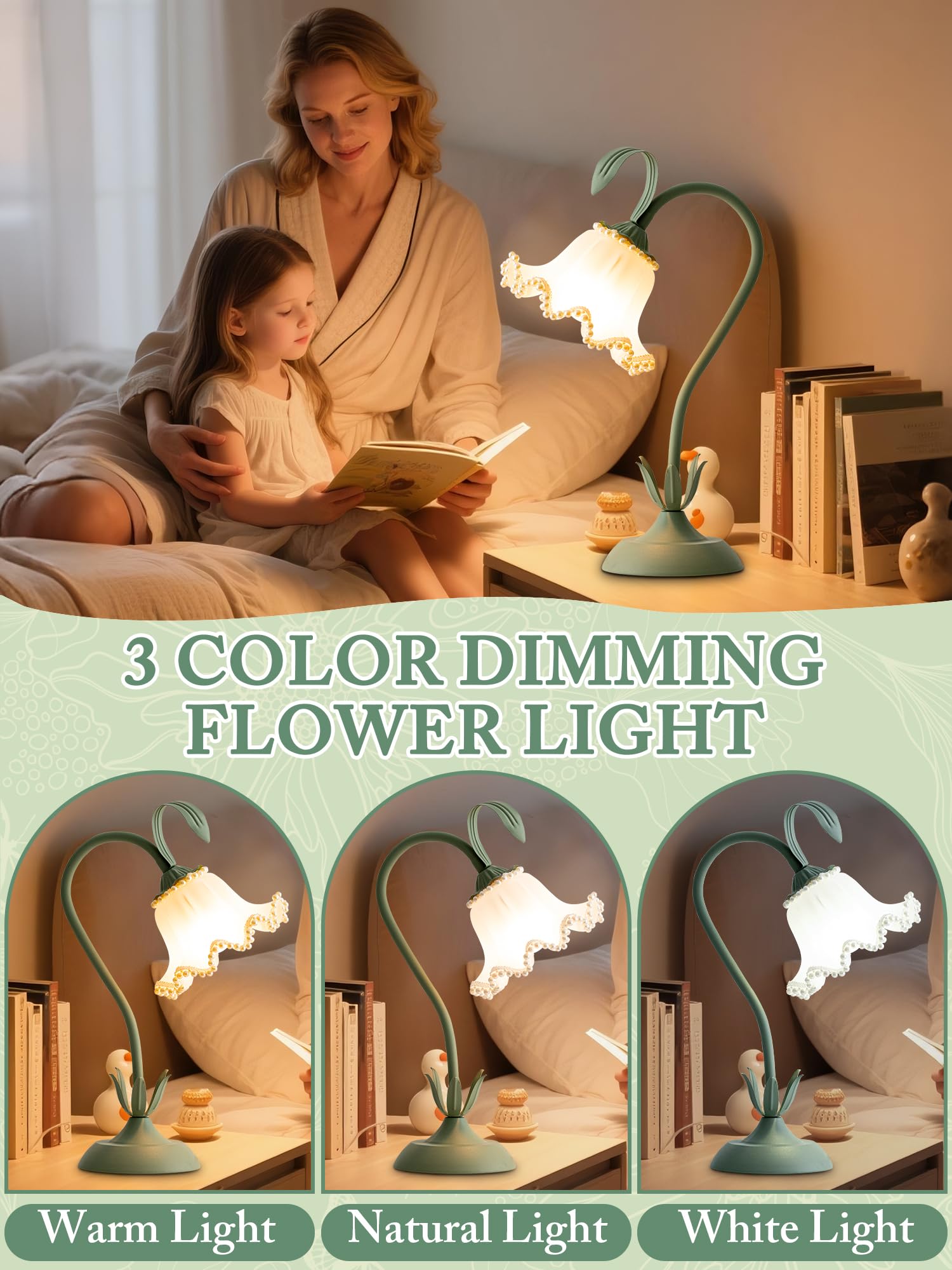 AQDZCNF Flower Table Lamp, LED Night Light, Vintage Style, Acrylic, Green Pearls, Model MN-QBKR-AEJK-1-2