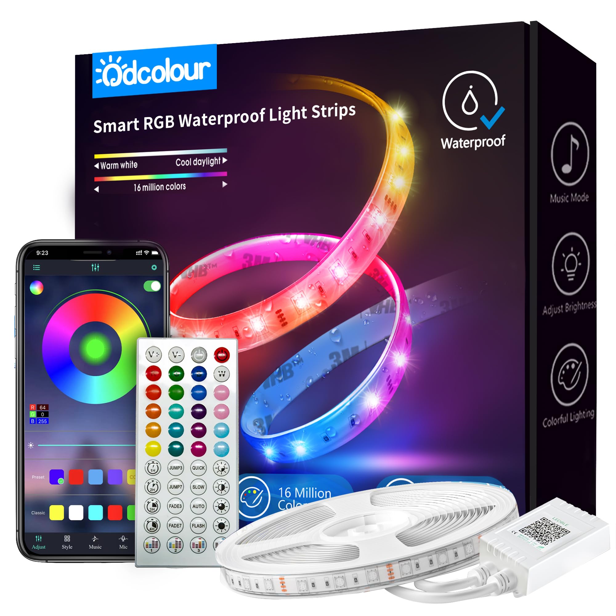 Odcolour 33Ft Outdoor Waterproof Led Light Strips, 12V Outdoor Rgb Led Strip Lights With Bluetooth Music Sync App Remote, Christmas Lights Decor Rope Lights