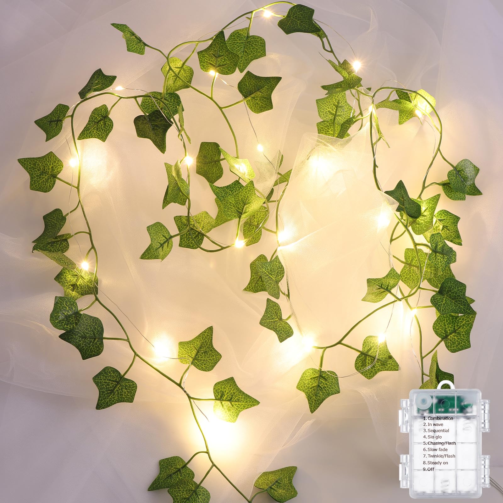 JOLAIQIAN Battery Operated LED Vines with Lights, 6.56ft, 20 Fairy Lights, Green Ivy, 8 Modes, Room and Party Decor, 1 Pack