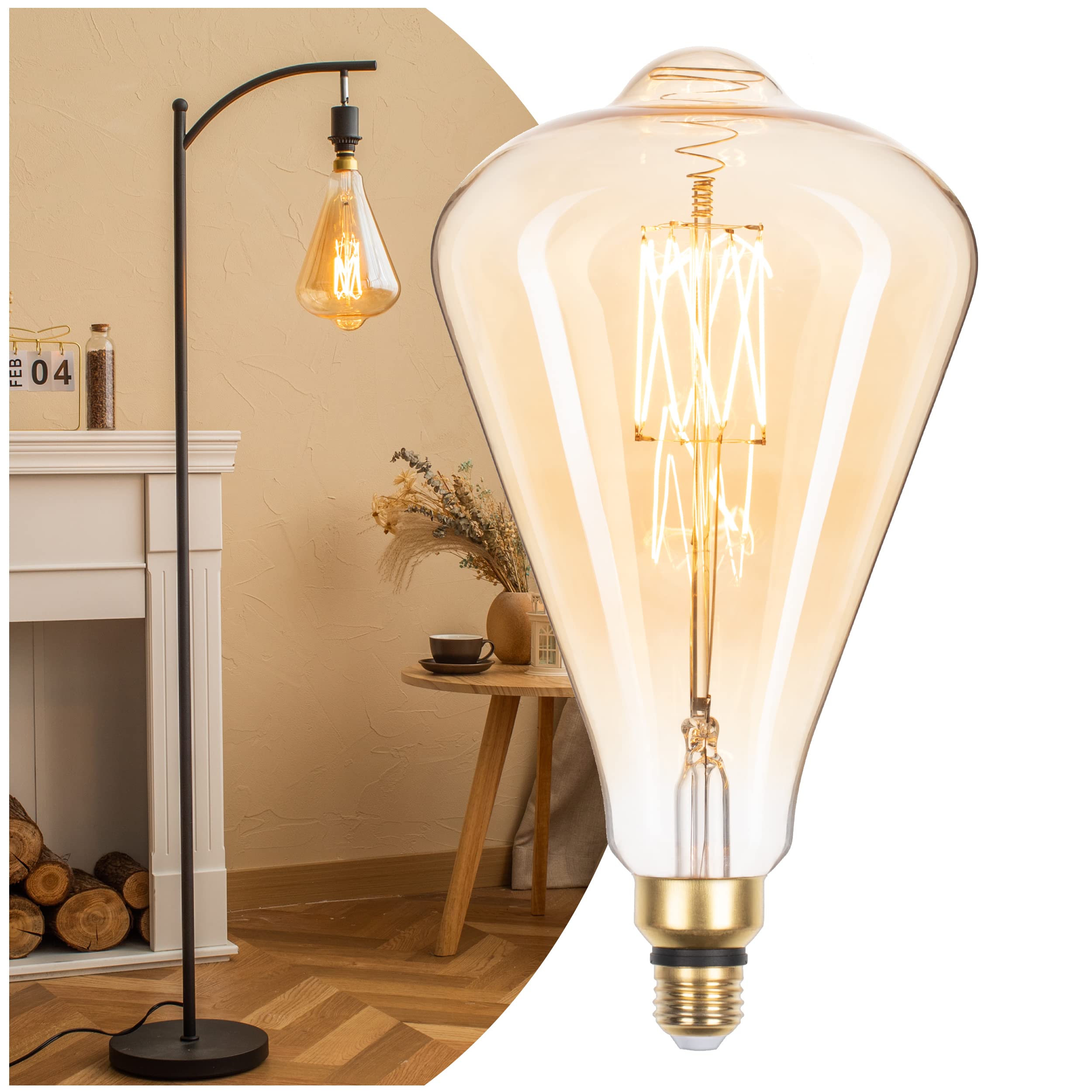 Flsnt Vintage Oversized Led Edison Bulbs 60W Equivalent, Decorative Dimmable Led M-Type Filaments Bulbs With Amber Glass, 2000K 
