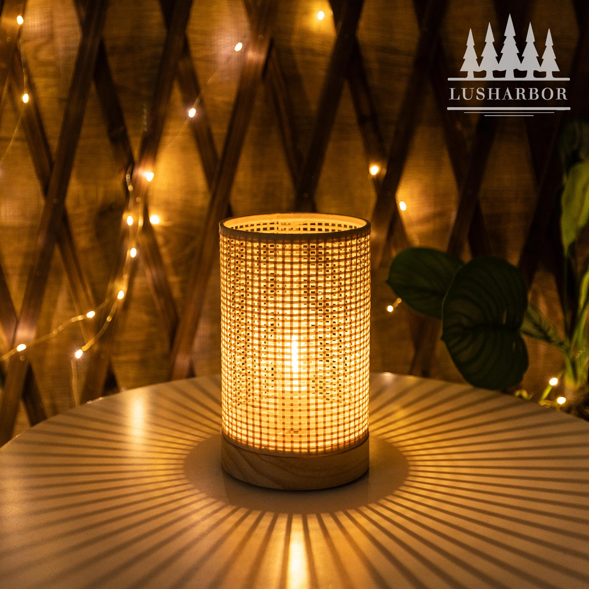 Lusharbor Battery Operated Lamp With Timer, Rattan Boho Table Light Battery Powered Beside Lamps Small Cordless Lamp For Kids Ro