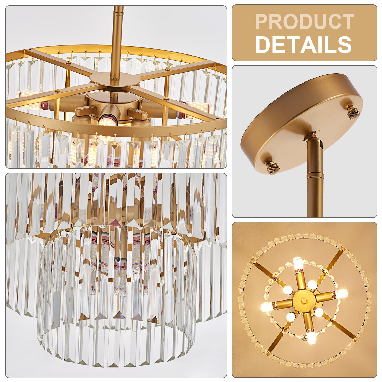 Lighceac 17.7 Gold Semi Flush Mount 2-Tier Crystal Ceiling Light Fixtures For Dining Room Modern Industrial 8-Light Chandeliers Lighting For Bedroom Entryway Hallway Kitchen Island Living Room Foyer