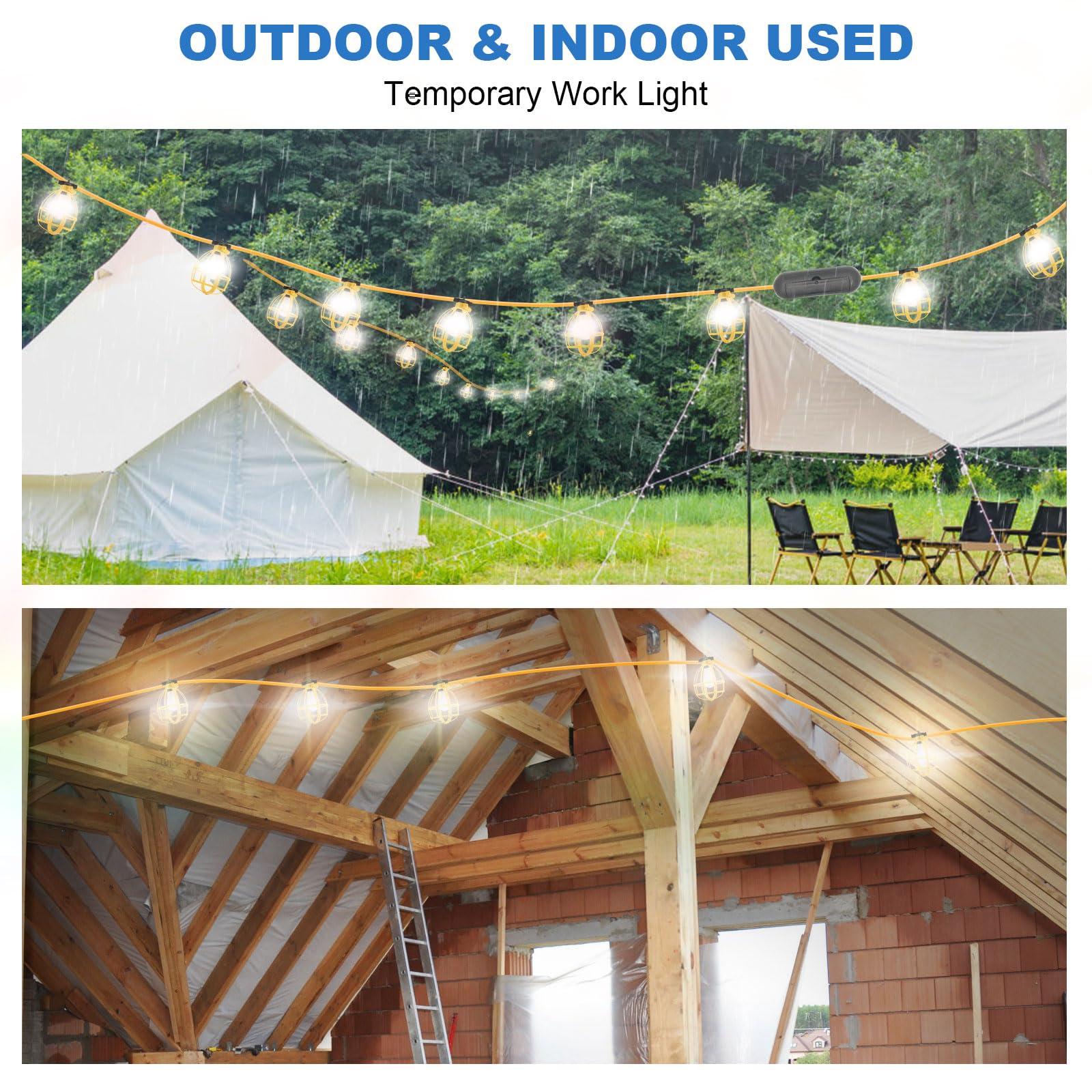 Yaoledly 50FT Construction String Lights - 5 Bulbs, IP65 Waterproof, Black/Yellow, 4000LM, Model 50-cover, with Safety Cover