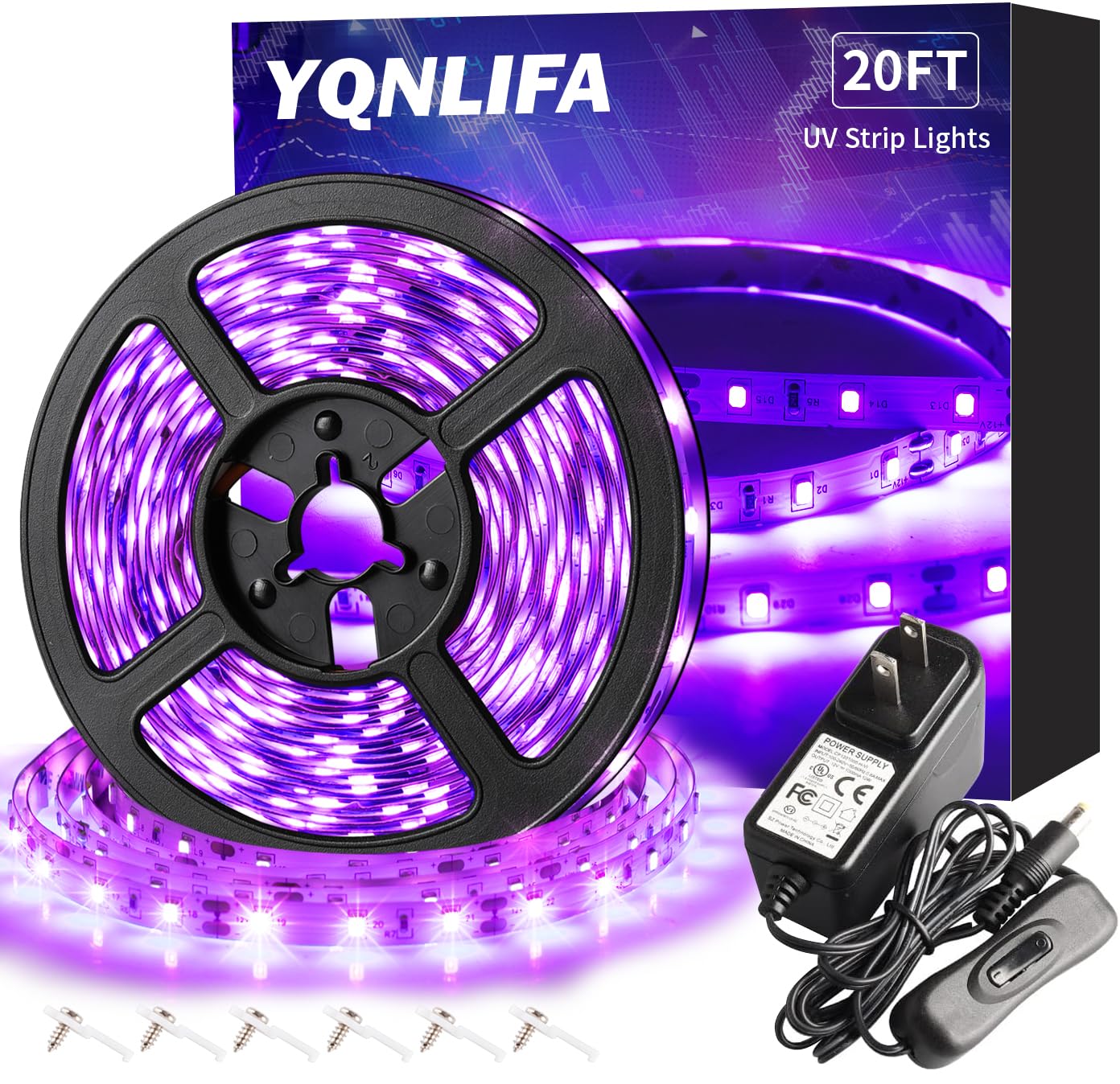 YQNLIFA Black Light Strip, Flexible LED Blacklight Kit, 20Ft/6M, Non-Waterproof, Ideal for Indoor Decoration and Events