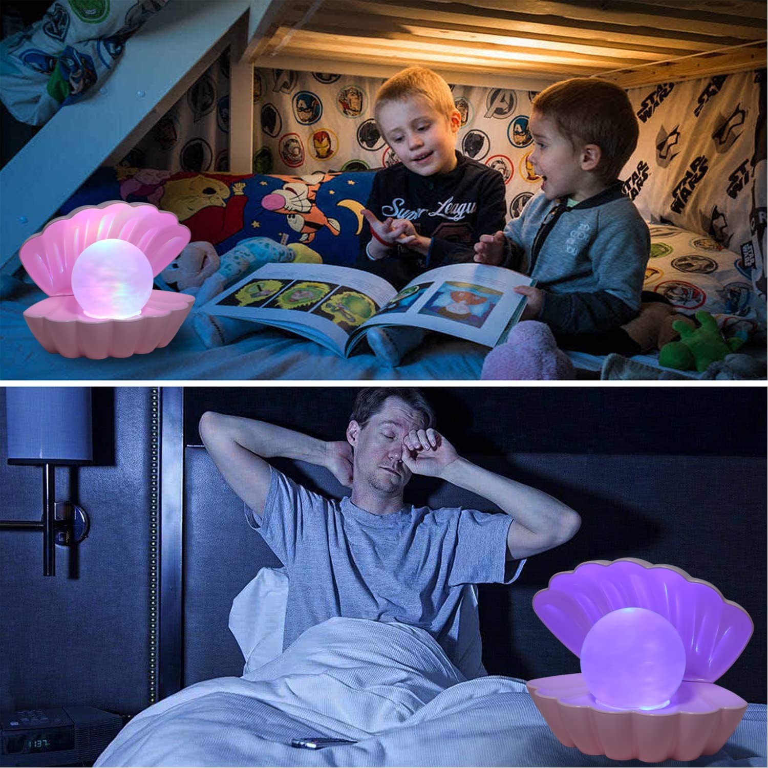 LKUA Pink Shell Pearl Night Light, RGB 8 Colors Changing LED Mood Lamp, Portable Clamshell Bedside Light for Home & Bar Decor