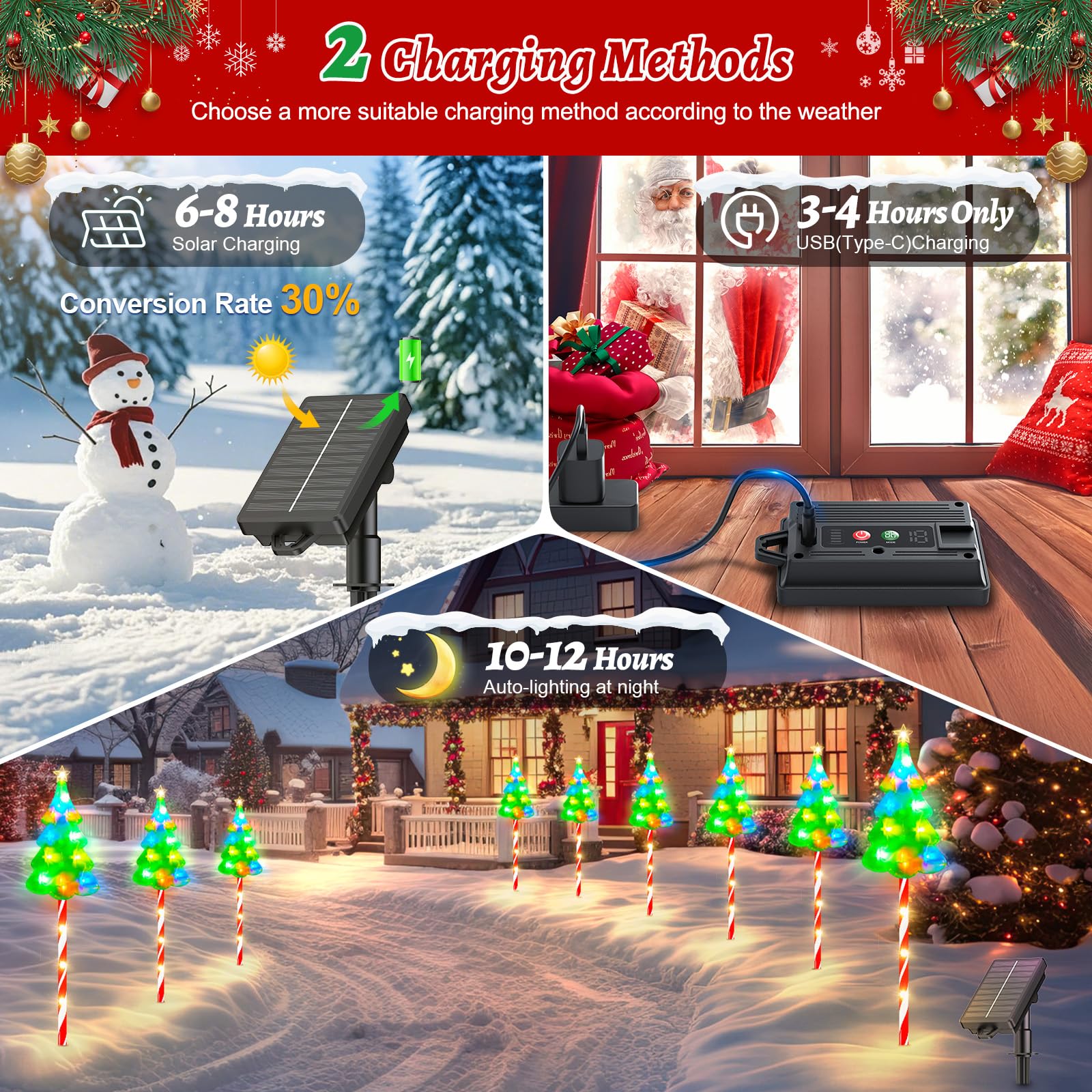BONLION 12 Pack Solar Christmas Lights - 10 Modes, 204 LEDs, Waterproof, Multicolor, Model SD-006 for Outdoor Garden Pathway Decor