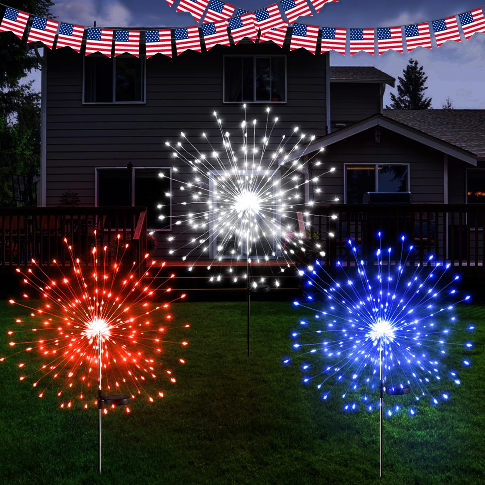 Tujoe 3 Pcs 4th of July Solar Firework Lights Patriotic Solar Light Outdoor Garden 120 LED 8 Modes Waterproof LED Sparkler Light