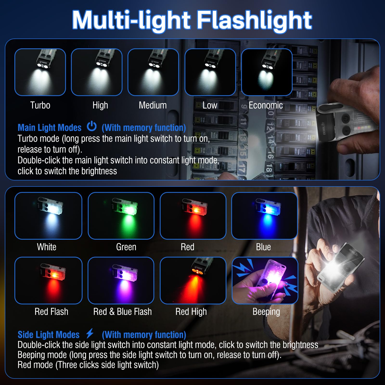 BORUiT V20 EDC Flashlight, 1000LM, USB C Rechargeable, 180° Swivel Head, IP67, Mini Pocket Light, White, Red Light Version