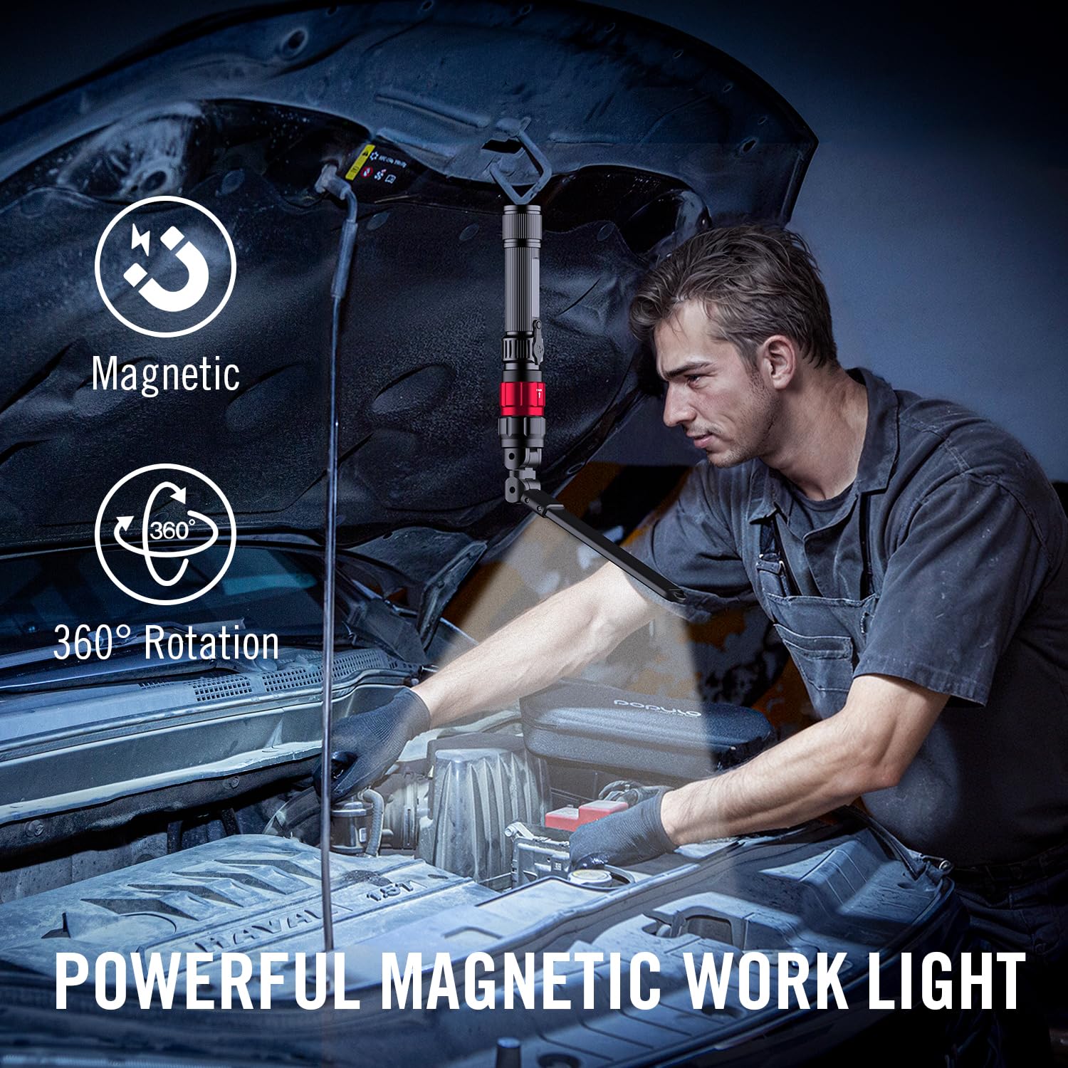 populo 3-in-1 LED Work Lights, 400 Lumens Magnetic Base Flashlight, Flexible Gooseneck, Black, Model PMLK-3